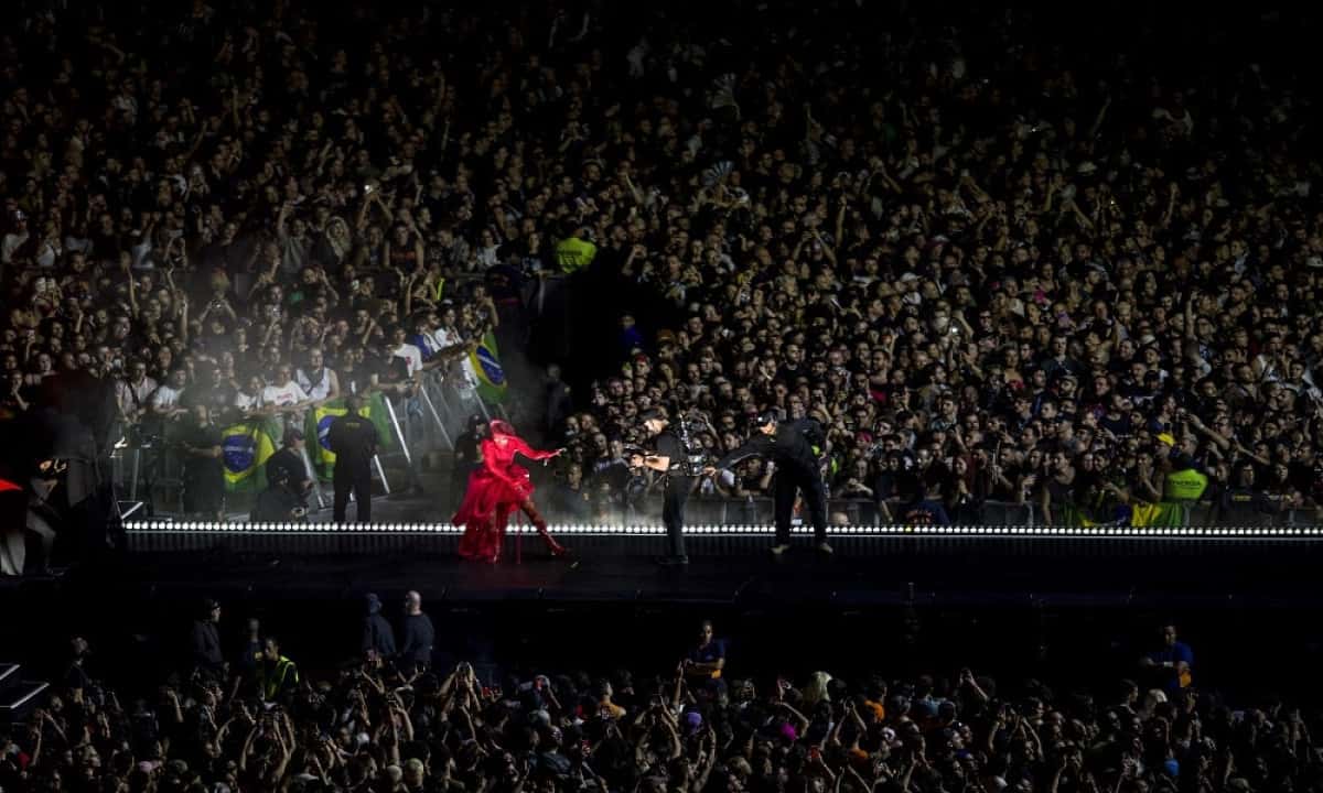US pop star Lady Gaga performs during her concert at Copacabana beach in Rio de Janeiro, Brazil on May 3, 2025. (Photo by Daniel RAMALHO / AFP)