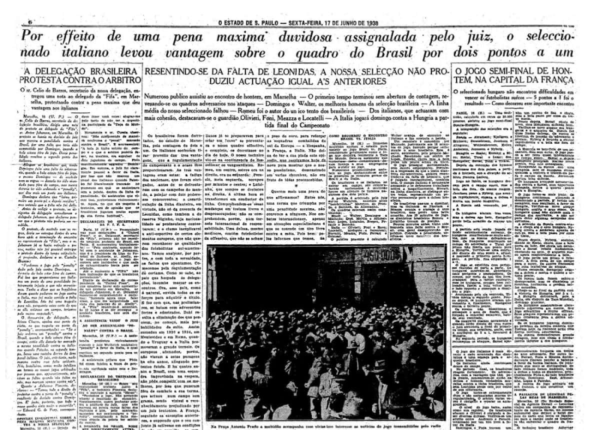 Brasil, São Paulo, SP. 17/06/1938. Página 6 do jornal O Estado de S. Paulo com notícia sobre a partida entre as seleções do Brasil e Itália válida pela Copa do Mundo de Futebol. - Crédito:ARQUIVO/ESTADÃO CONTEÚDO/AE/Código imagem:179297