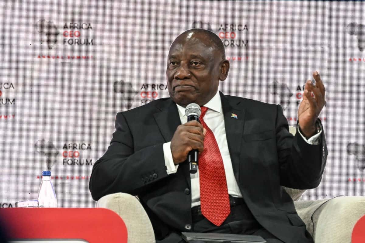South Africa's President Cyril Ramaphosa speaks a presidential panel at the opening ceremony of the Africa CEO Forum annual summit in Abidjan on May 12, 2025. (Photo by Issouf SANOGO / AFP)