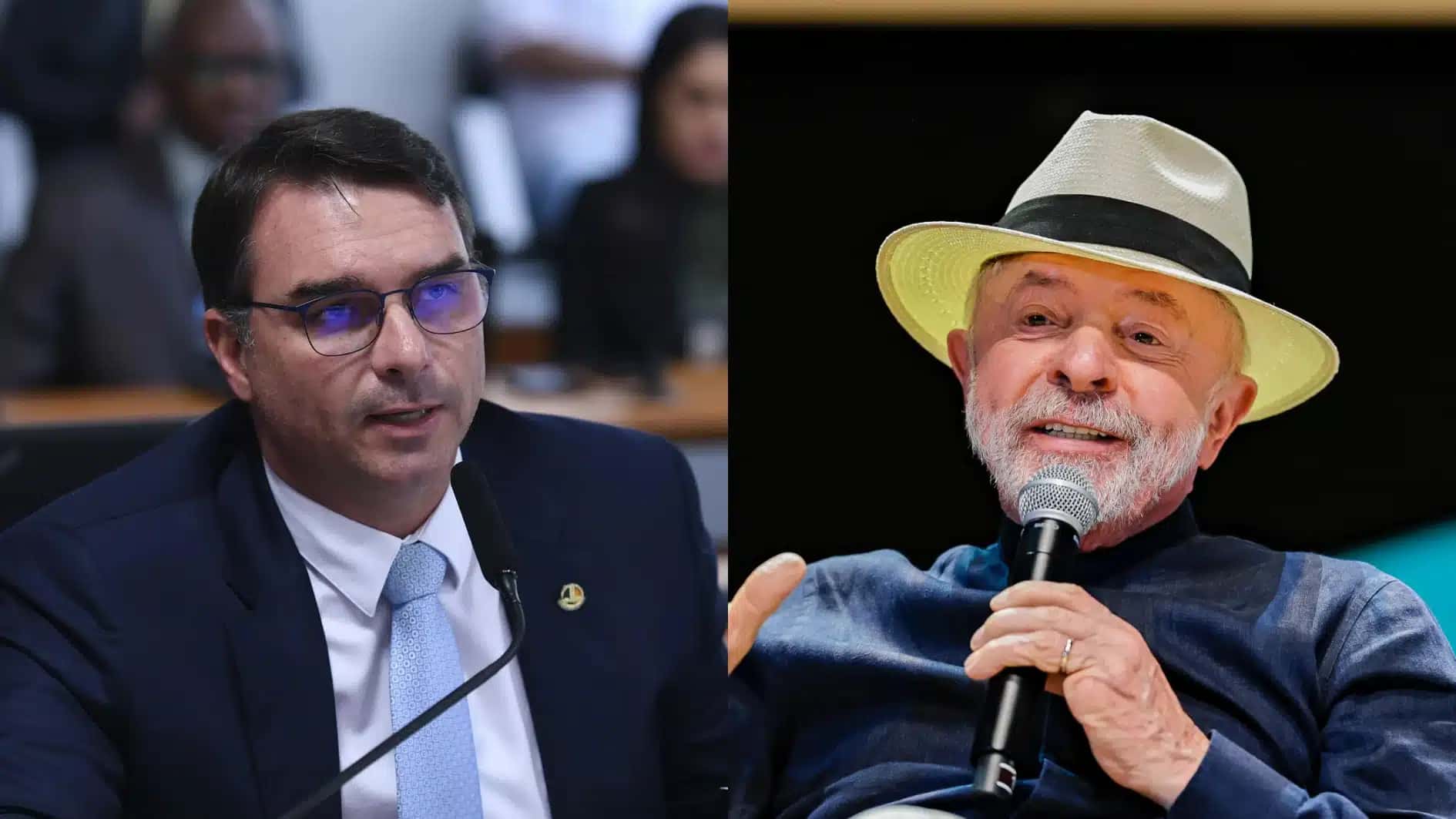 O senador Flávio Bolsonaro (PL), à esquerda; o presidente Luiz Inácio Lula da Silva (PT), à direita
