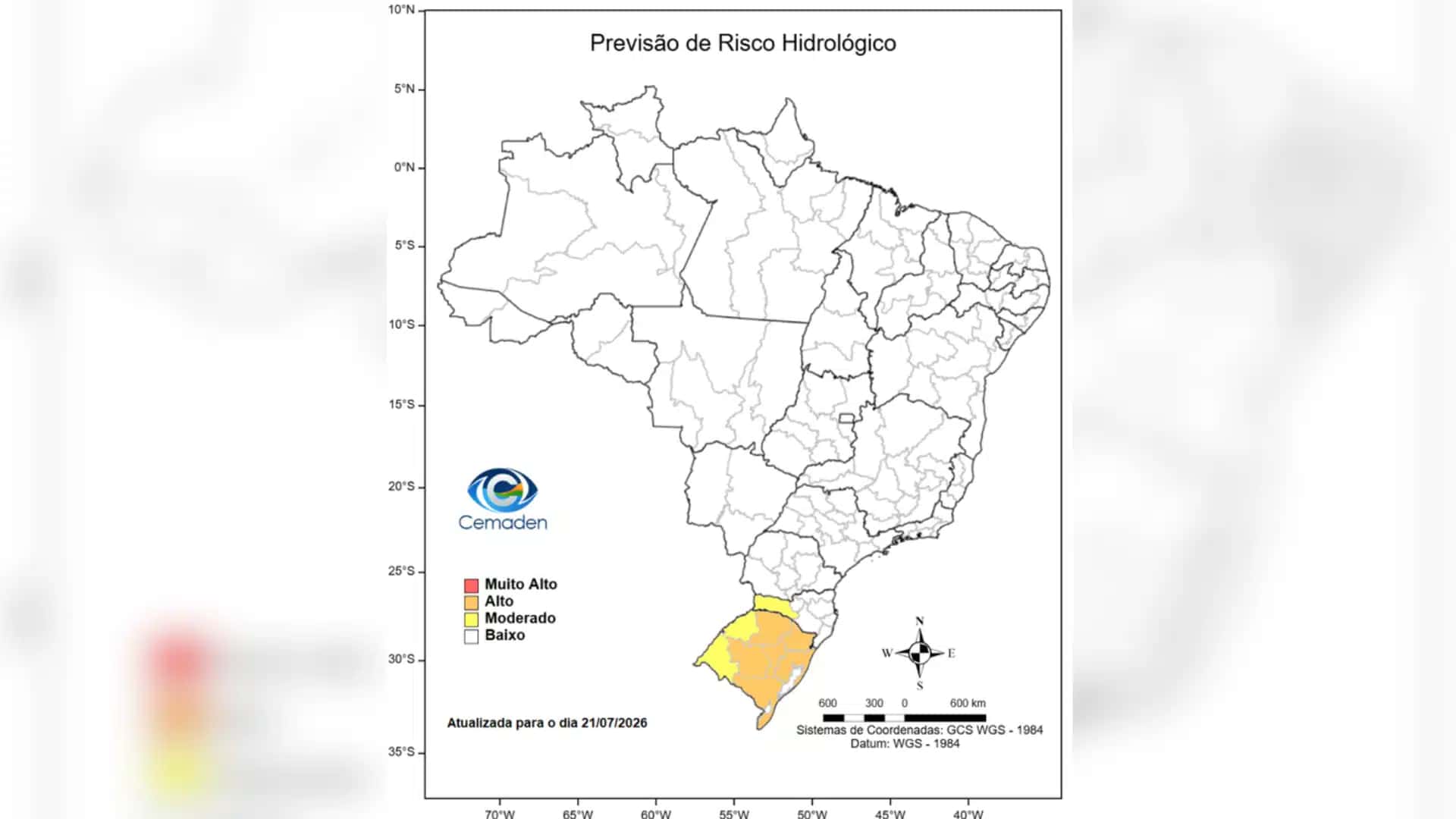 Cemaden alerta para cenário de risco de eventos geo-hidrológicos para Região Sul