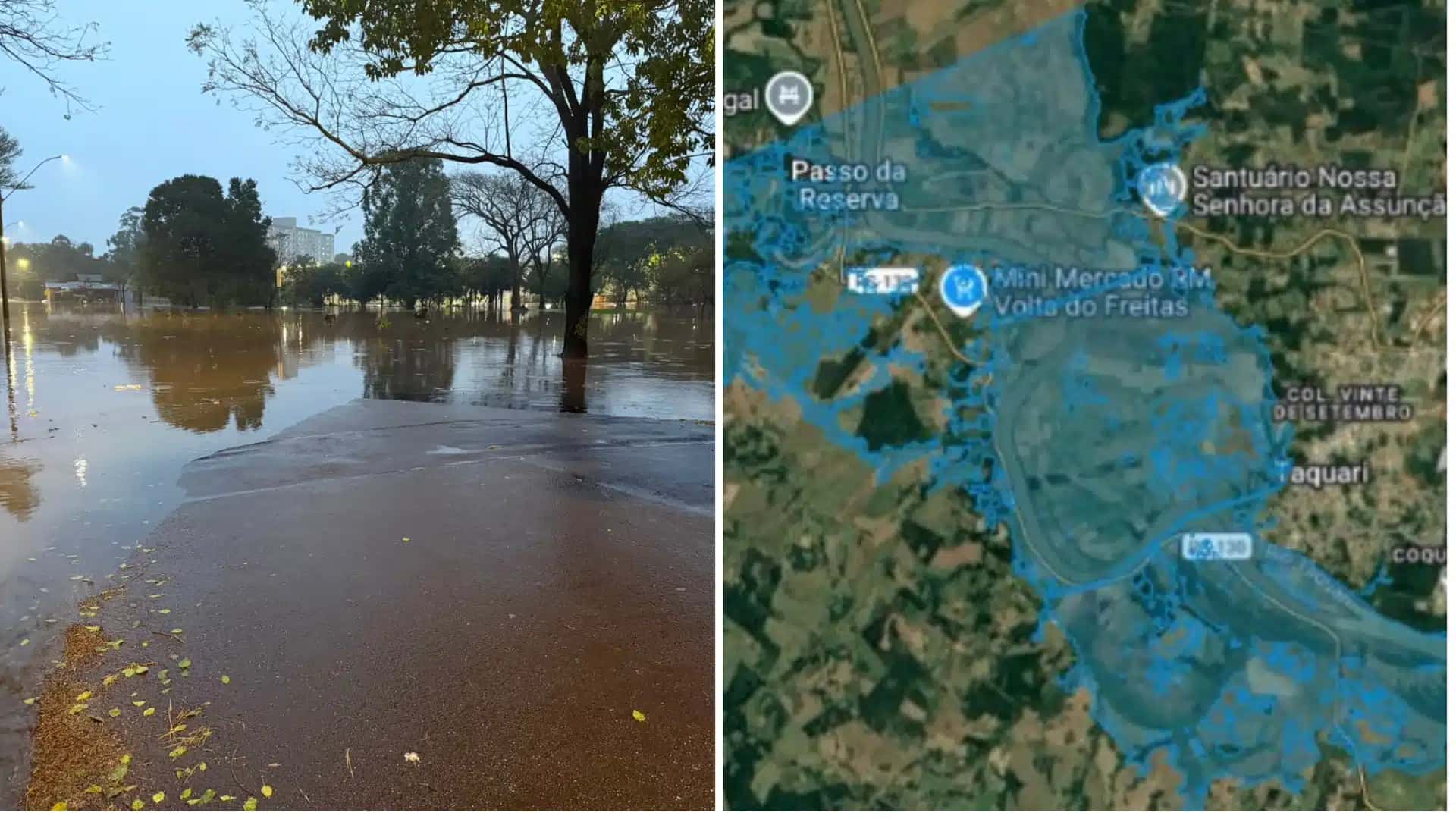 Primeira imagem mostra a Rua Francisco Oscar Karnal, no Centro de Lajeado, alagada; na segunda imagem, há o rio Taquari inundando os municípios entre Mulum e Taquari