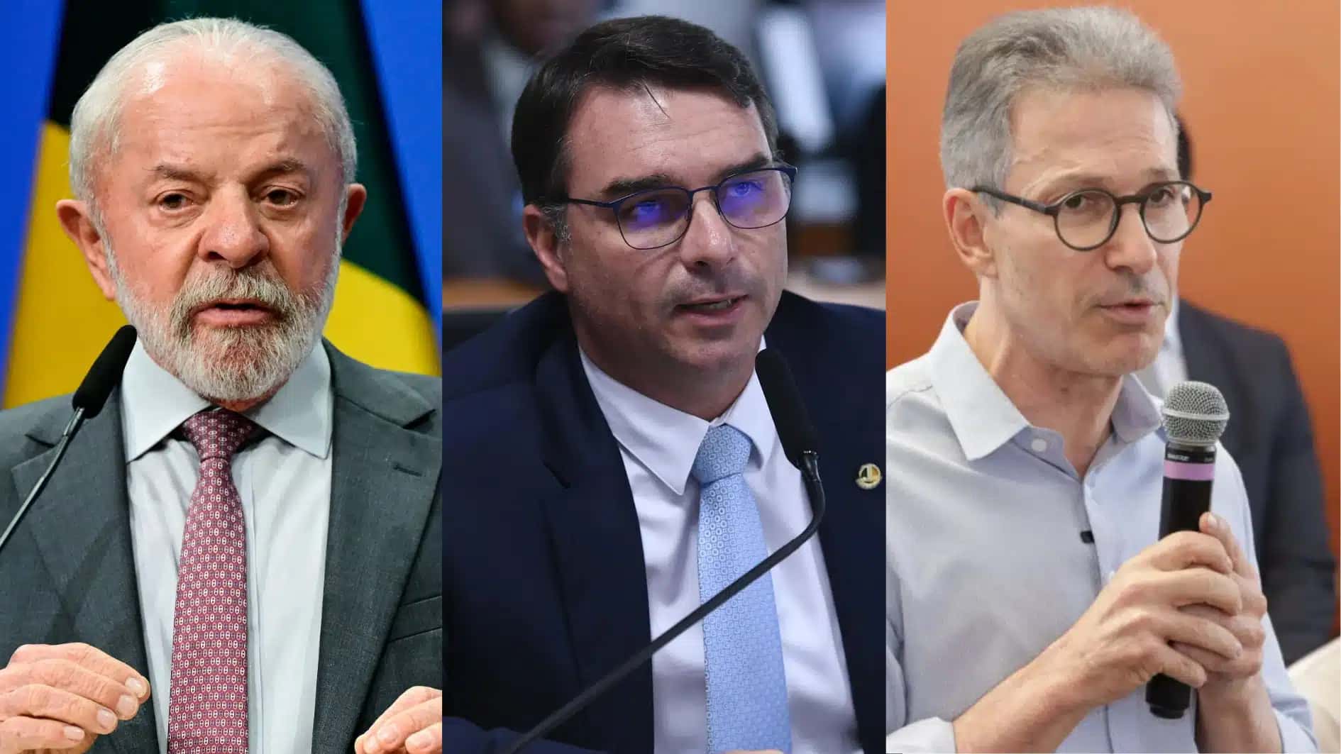 Da esquerda para direita: Lula, Flávio Bolsonaro e Romeu Zema