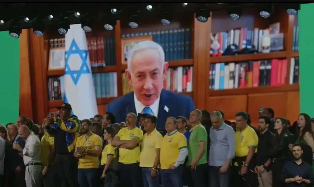 Netanyahu em vídeo durante a convenção nacional do PL em São Paulo