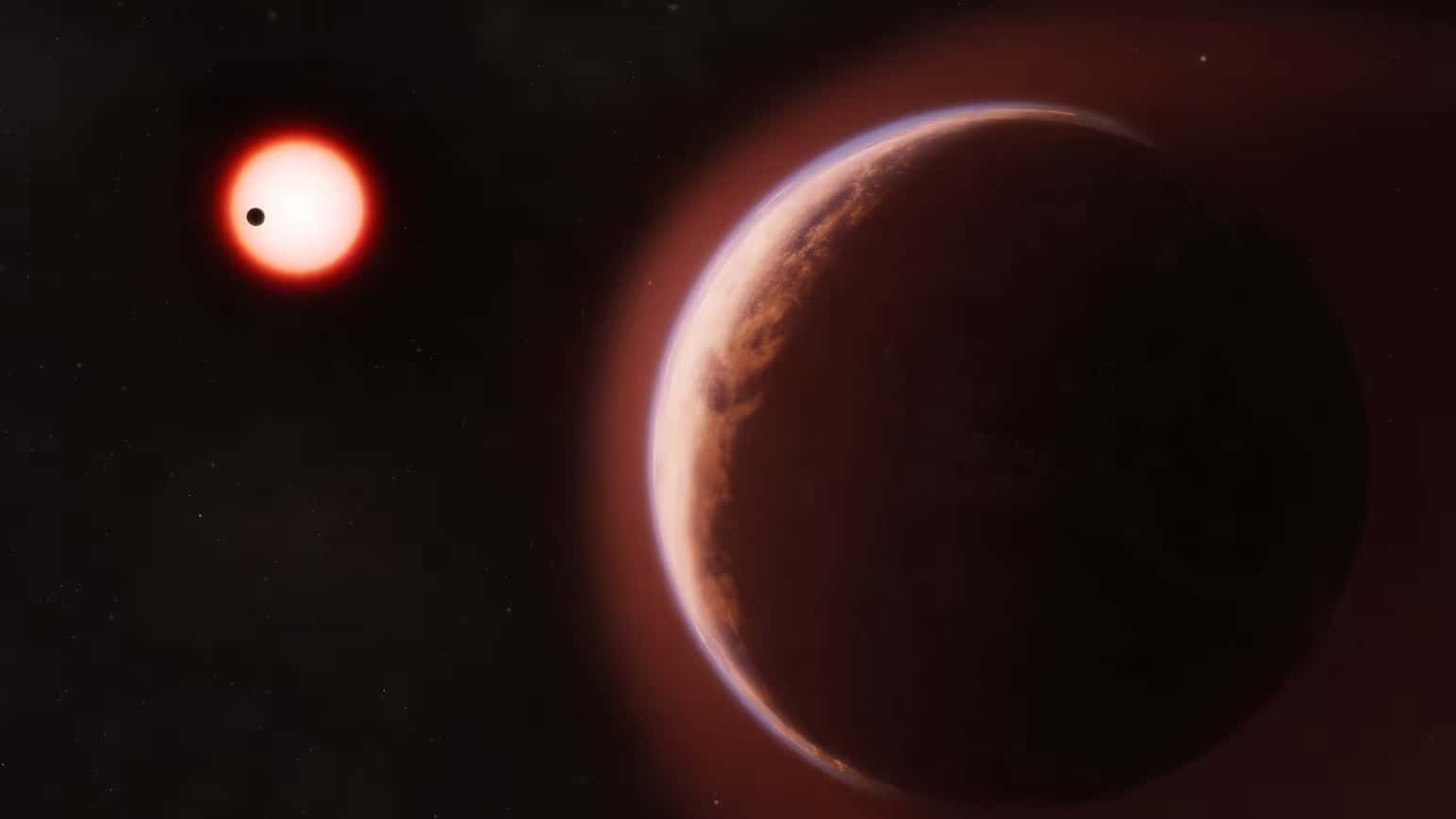 Uma ilustração artística mostra o exoplaneta LHS 1140b rodeado por uma atmosfera rica em hélio