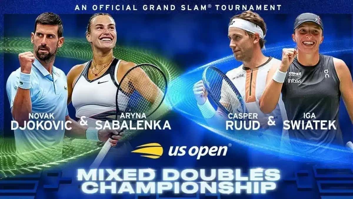Parte do cartaz do US Open que destaca as duplas mistas formadas por Novak Djokovic e Aryna Sabalenka e Casper Ruud e Iga Swiatek