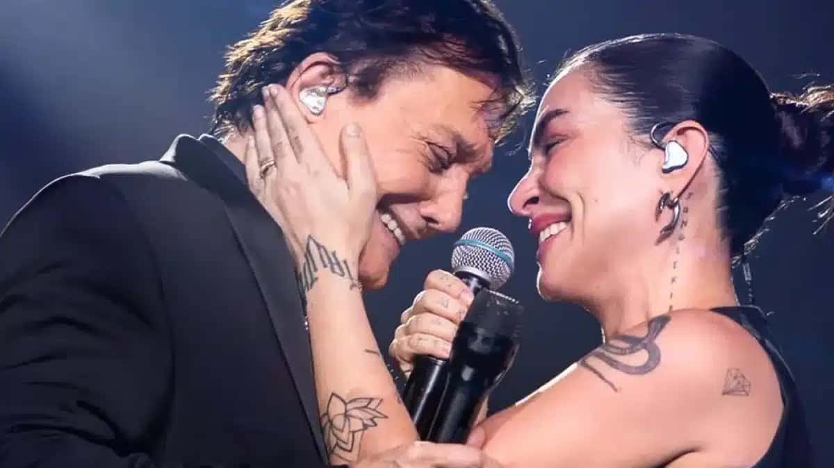 Atriz Cléo Pires junto a seu pai, o cantor Fábio Jr., em regravação de clipe