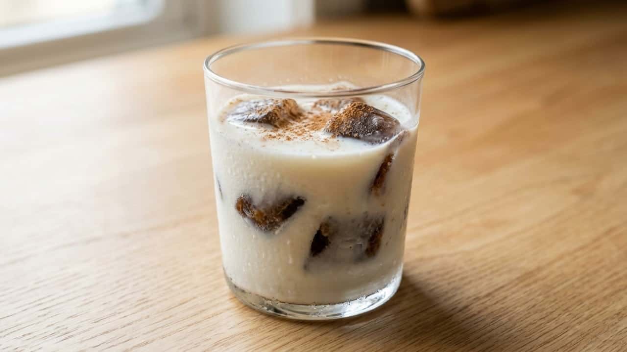 Combinar pedaços de gelo de café com leite bem gelado cria uma bebida cremosa e equilibrada. – Imagem gerada por IA