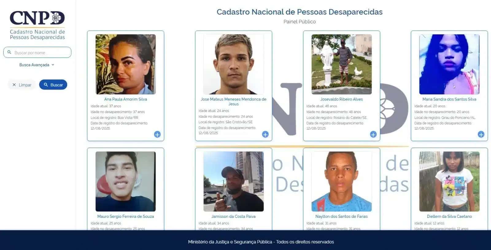 Novo Cadastro Nacional de Pessoas Desaparecidas.
