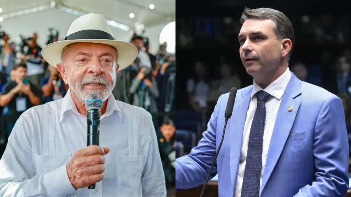 O presidente Luiz Inácio Lula da Silva (PT), à esquerda; o senador Flávio Bolsonaro (PL), à direita