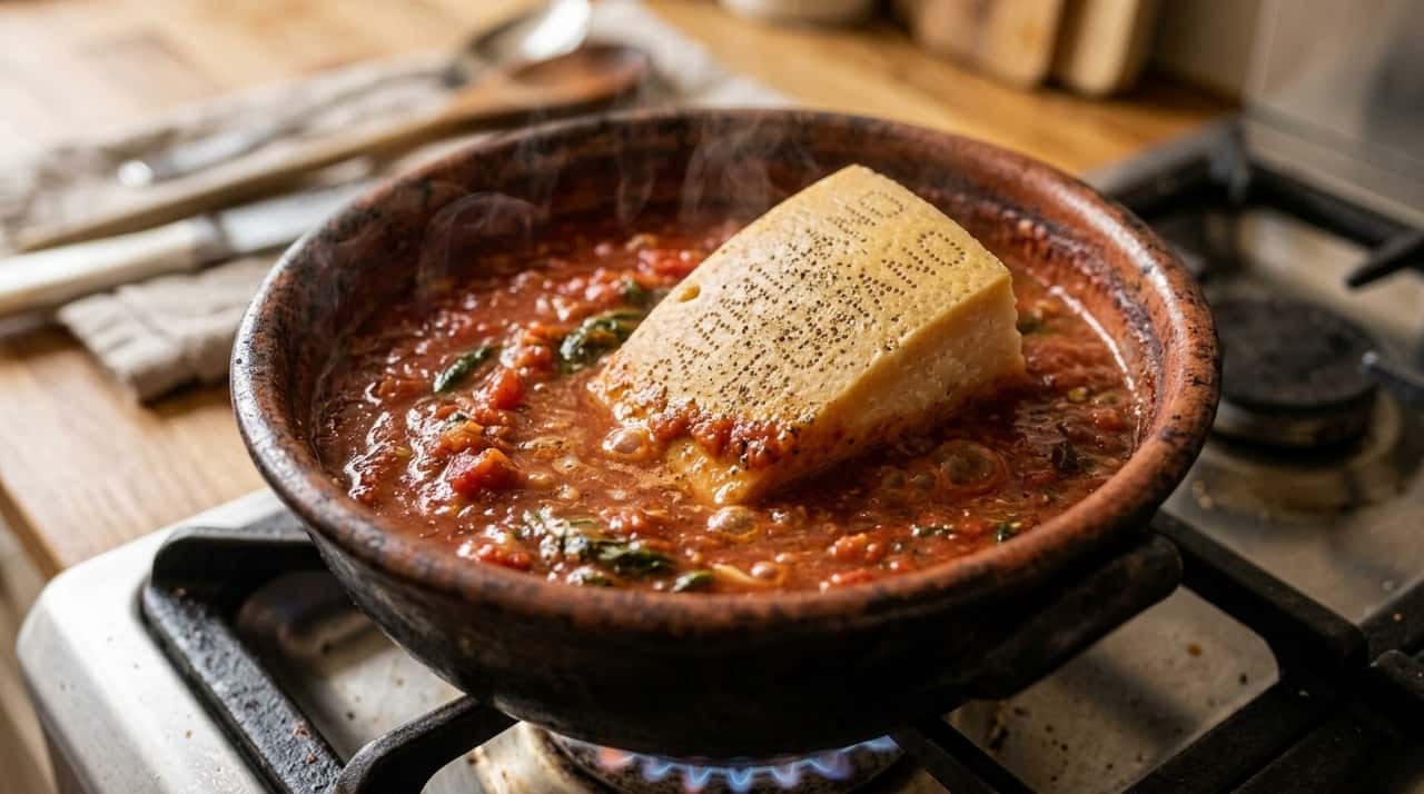 A técnica funciona melhor com a casca natural de um queijo duro e maturado, especialmente o Parmigiano Reggiano vendido em pedaços.