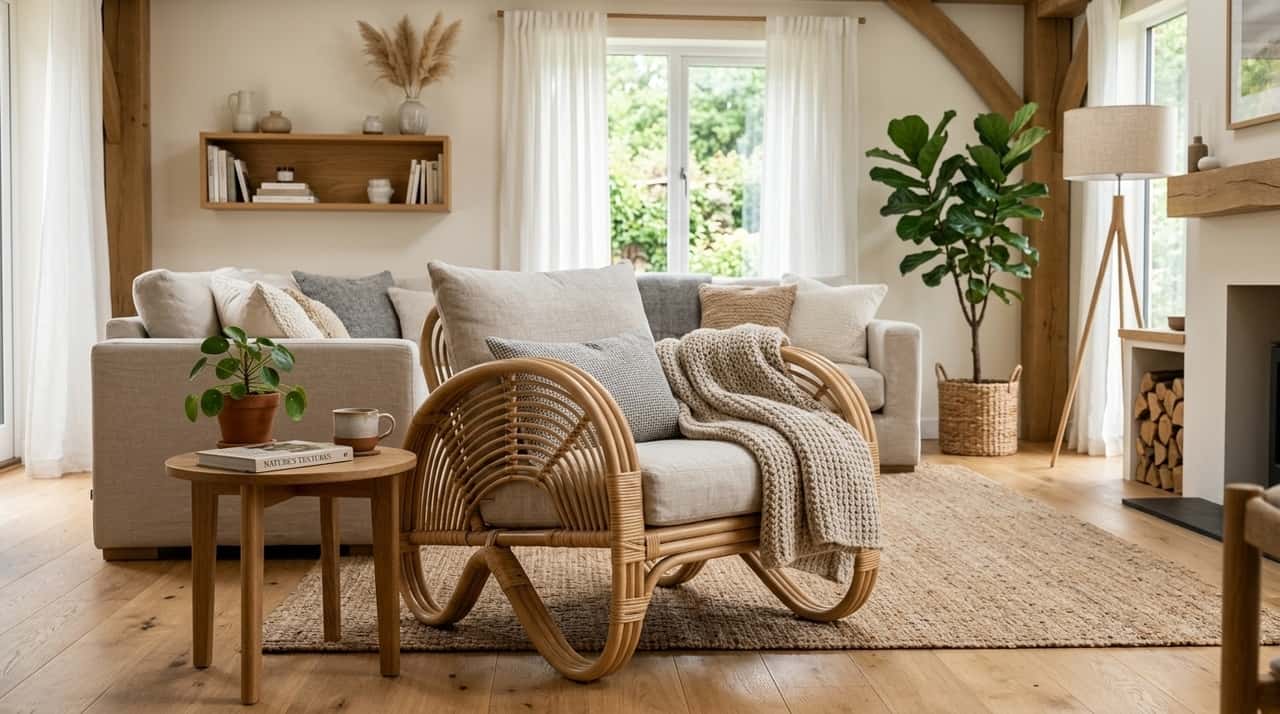 Peças de rattan e vime naturais funcionam melhor em varandas cobertas e locais protegidos da chuva constante.