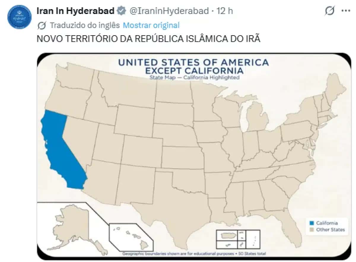 Publicação de diplomatas do Irã na Índia reivindicando a Califórnia como território iraniano