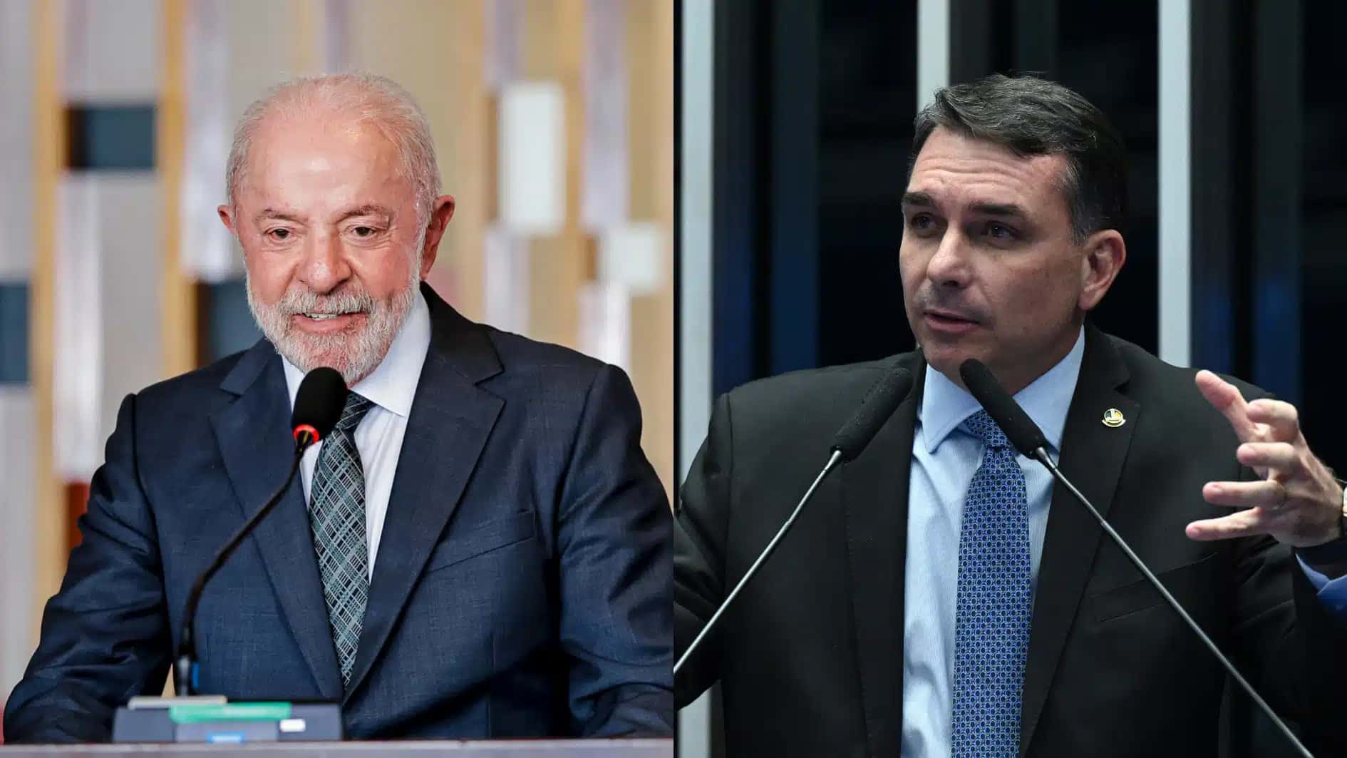 O presidente Luiz Inácio Lula da Silva (PT), à esquerda; o senador Flávio Bolsonaro (PL), à direita
