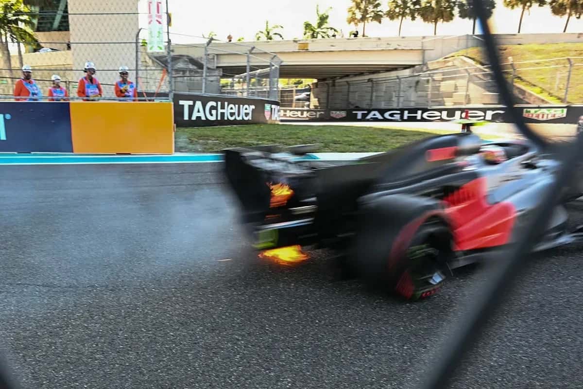 Audi's Brazilian driver Gabriel Bortoleto's car emits flames as he races during the qualifying session for the 2026 Miami Formula One Grand Prix at Miami International Autodrome in Miami Gardens, Florida, on May 2, 2026. (Photo by CHANDAN KHANNA / AFP via Getty Images)