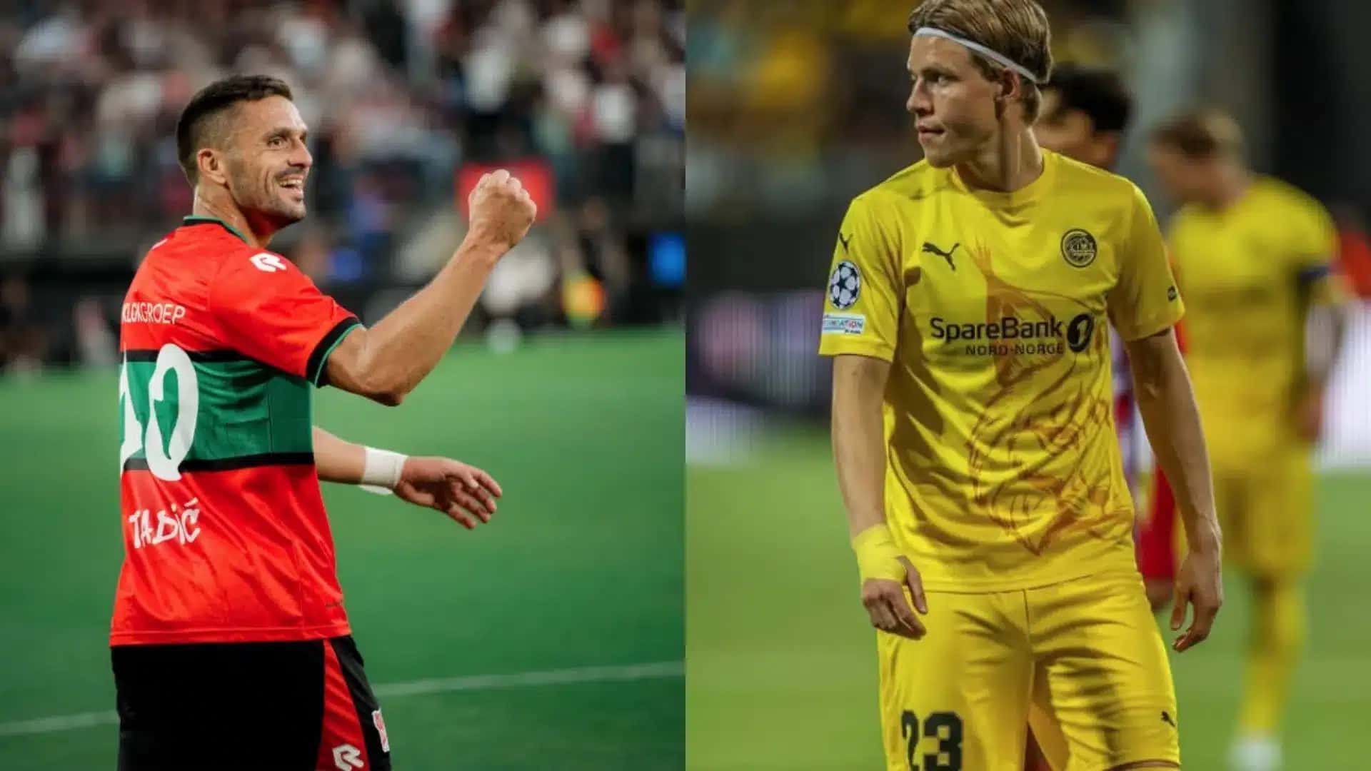 Dusan Tadic, jogador do NEC Nijmegen e Jens Petter Hauge, jogador do Bodo Glimt