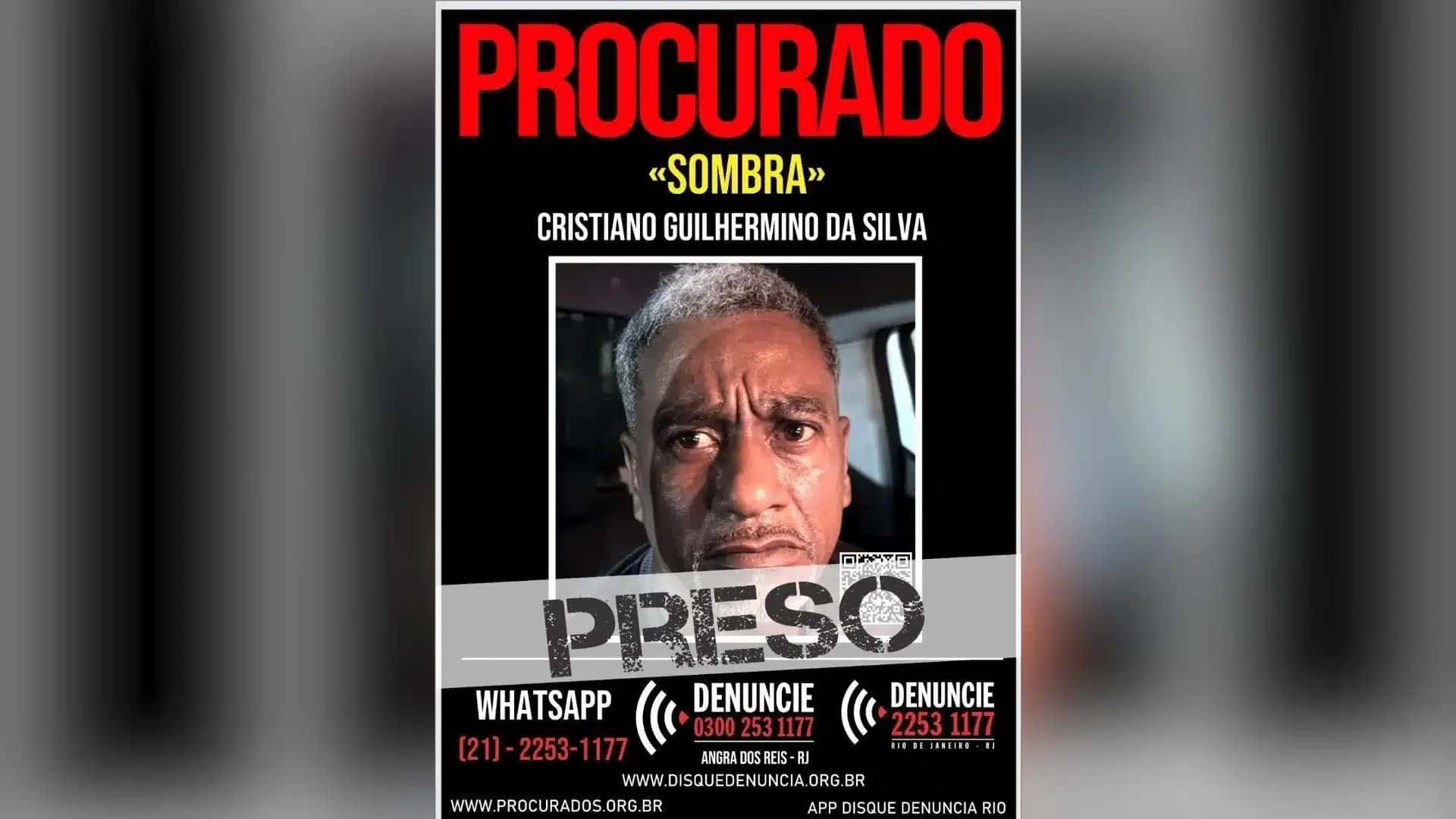 Os policiais militares do 22º BPM, da Maré, do 1º Comando de Policiamento de Área (CPA), prenderam Cristiano Guilhermino da Silva, conhecido como “Sombra”, um dos criminosos mais antigos do Comando Vermelho (CV), no último sábado (29)