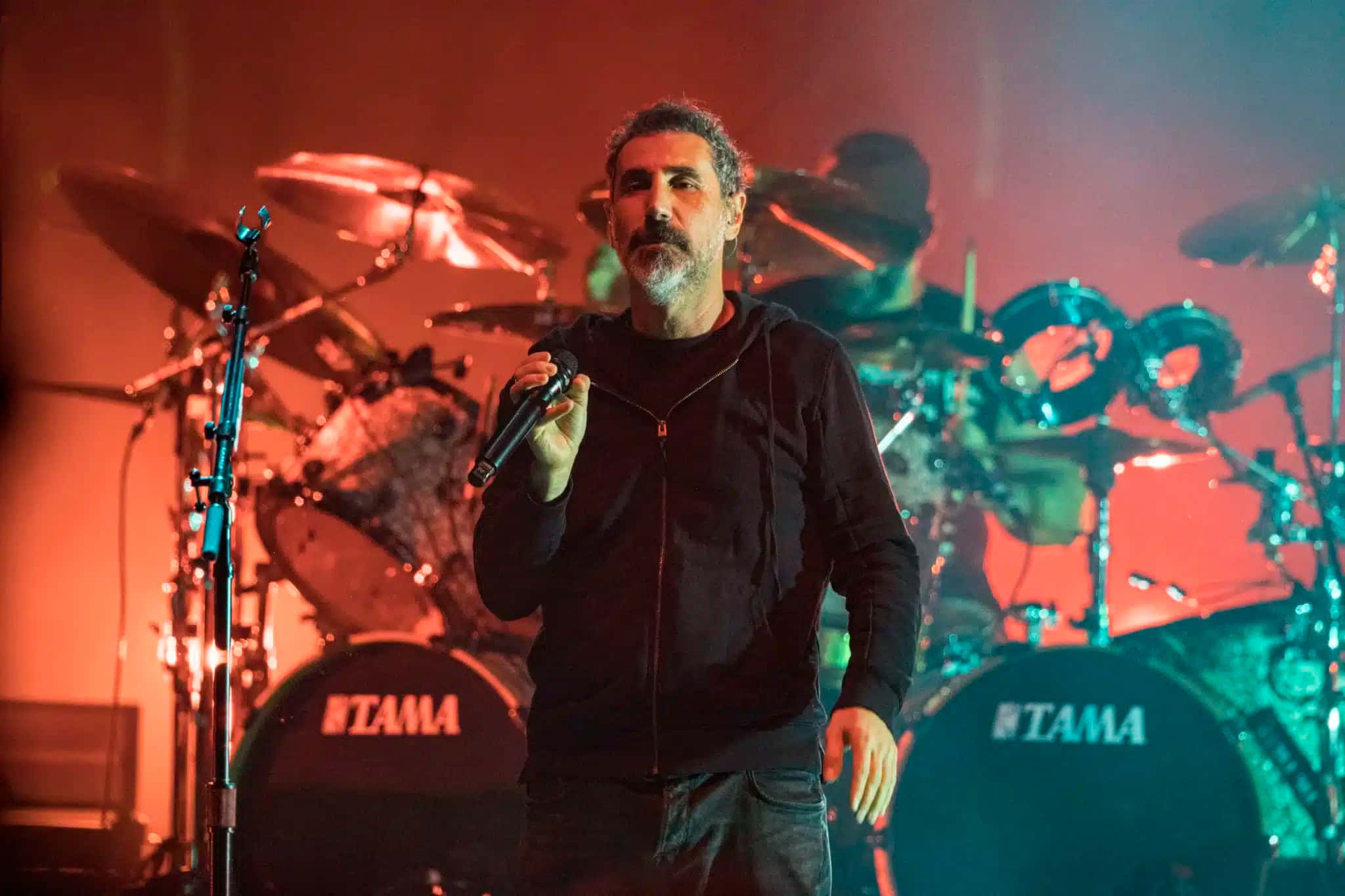 SAN DIEGO, CALIFORNIA - FEBRUARY 01: Musicians Serj Tankian and John Dolmayan of System of a Down perform on stage at Viejas Arena at San Diego State University on February 01, 2022 in San Diego, California. (Photo by Daniel Knighton/Getty Images)