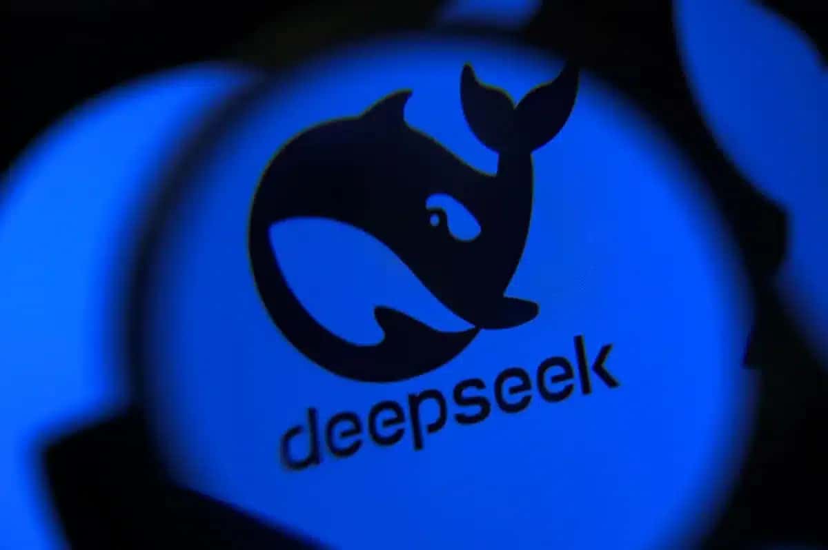 The DeepSeek logo is displayed on a computer screen photographed through a magnifying glass, as the Chinese company unveils the new version of its artificial intelligence model, in Creteil, France, on April 24, 2026. (Photo by Samuel Boivin/NurPhoto via Getty Images)