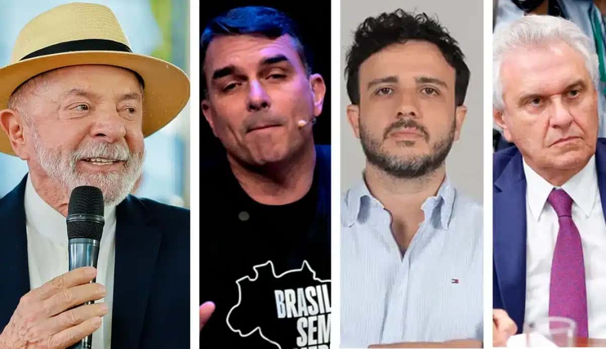 Lula, Flávio Bolsonaro, Renan Santos e Ronaldo Caiado. Fotos: Ricardo Stuckert, Nelson Almeida/AFP, Luiz Rebelato/Divulgação e Marina Ramos/Câmara dos Deputados