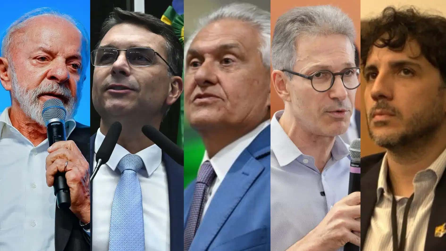 Da esquerda para a direita: Lula (PT), Flávio Bolsonaro (PL), Romeu Zema(Novo), Ronaldo Caiado (PSD) e Renan Santos (Missão).