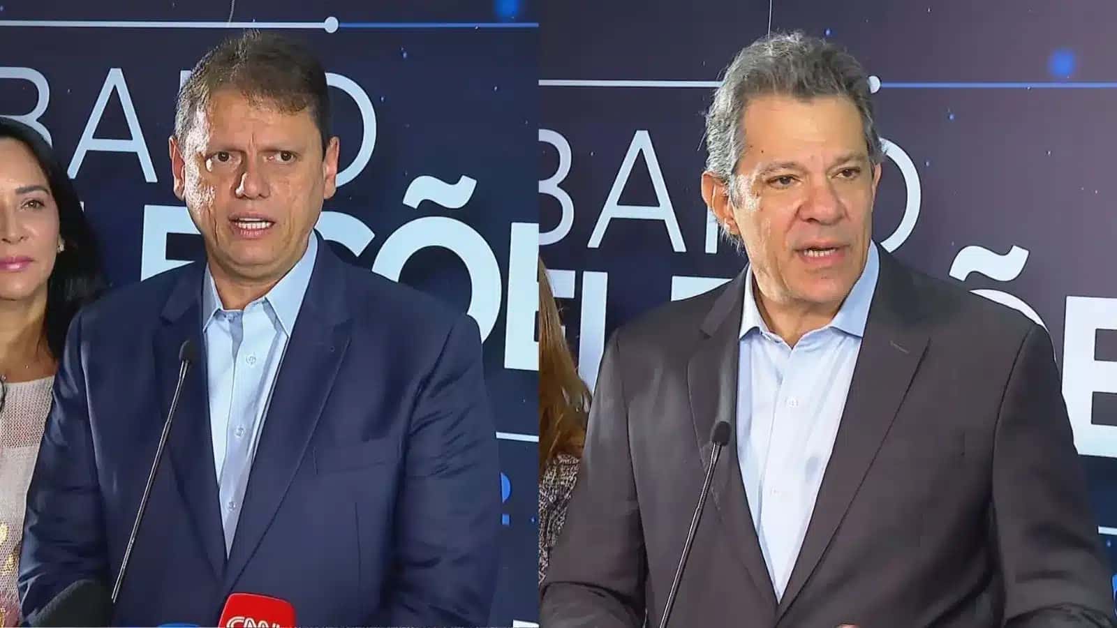 Tarcísio de Freitas e Fernando Haddad no debate da TV Bandeirantes