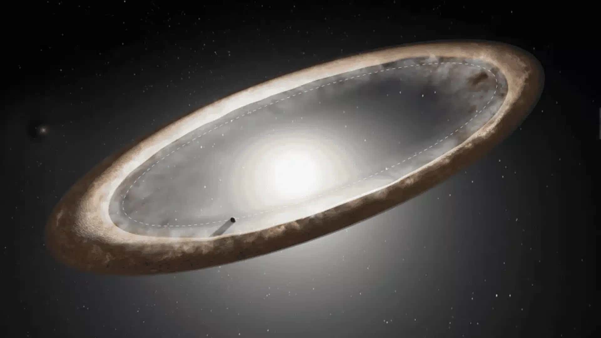 Impressão artística do anel ou disco gigante ao redor de Fomalhaut, com um planeta suspeito que pode estar mantendo seu formato estranho