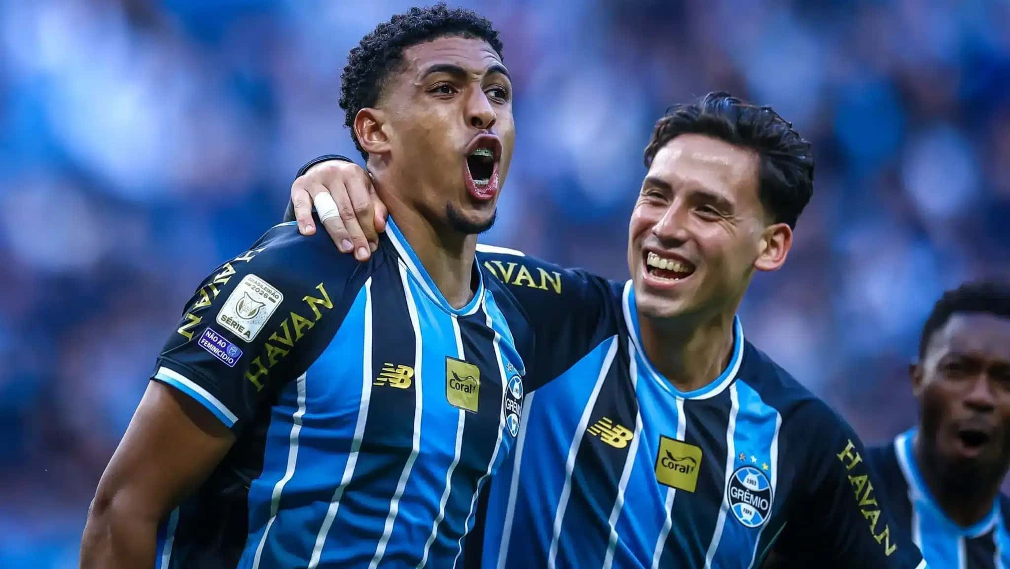 Wallace celebra o primeiro gol do Grêmio contra o São Paulo