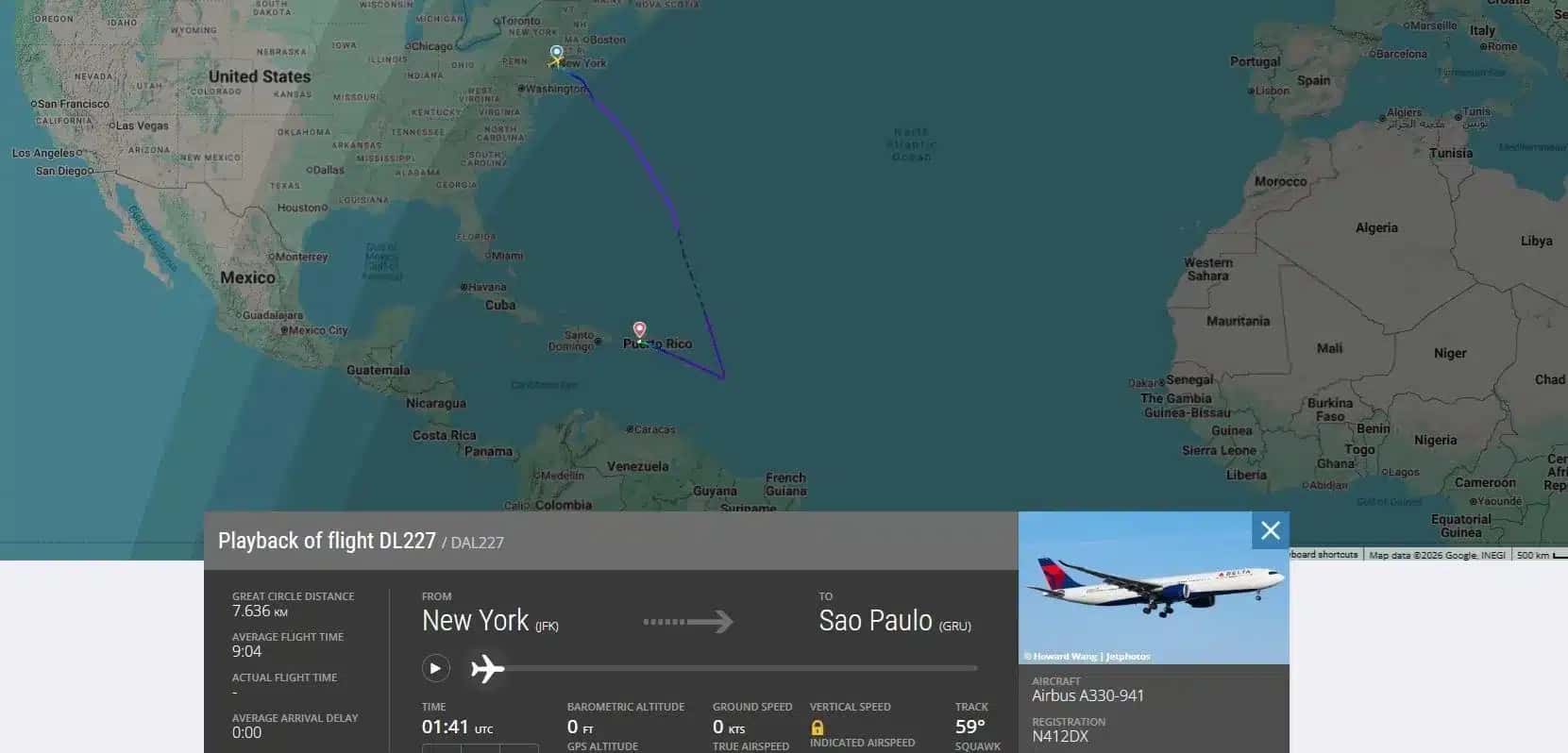 FlightRadar24 mostra desvio de rota do voo da Delta