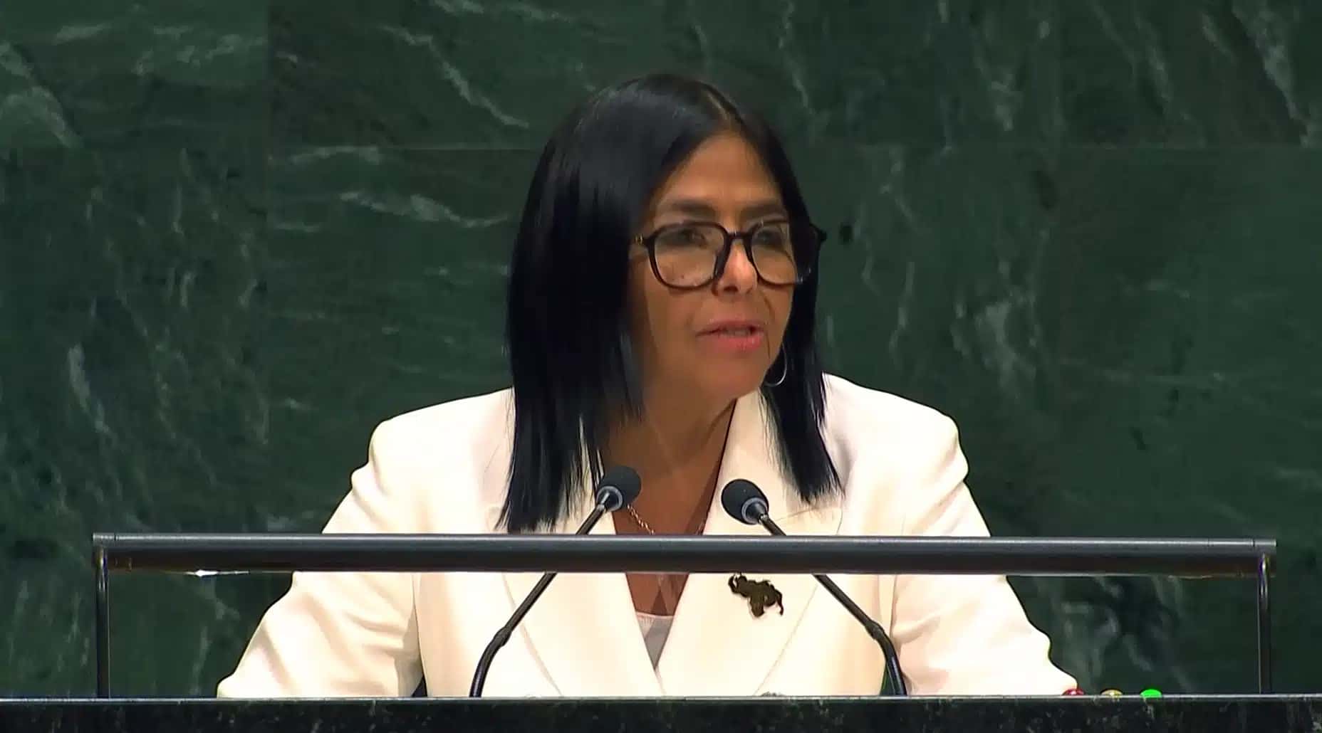 A presidente interina da Venezuela, Delcy Rodríguez, na Assembleia Geral da ONU nesta quarta-feira (23)