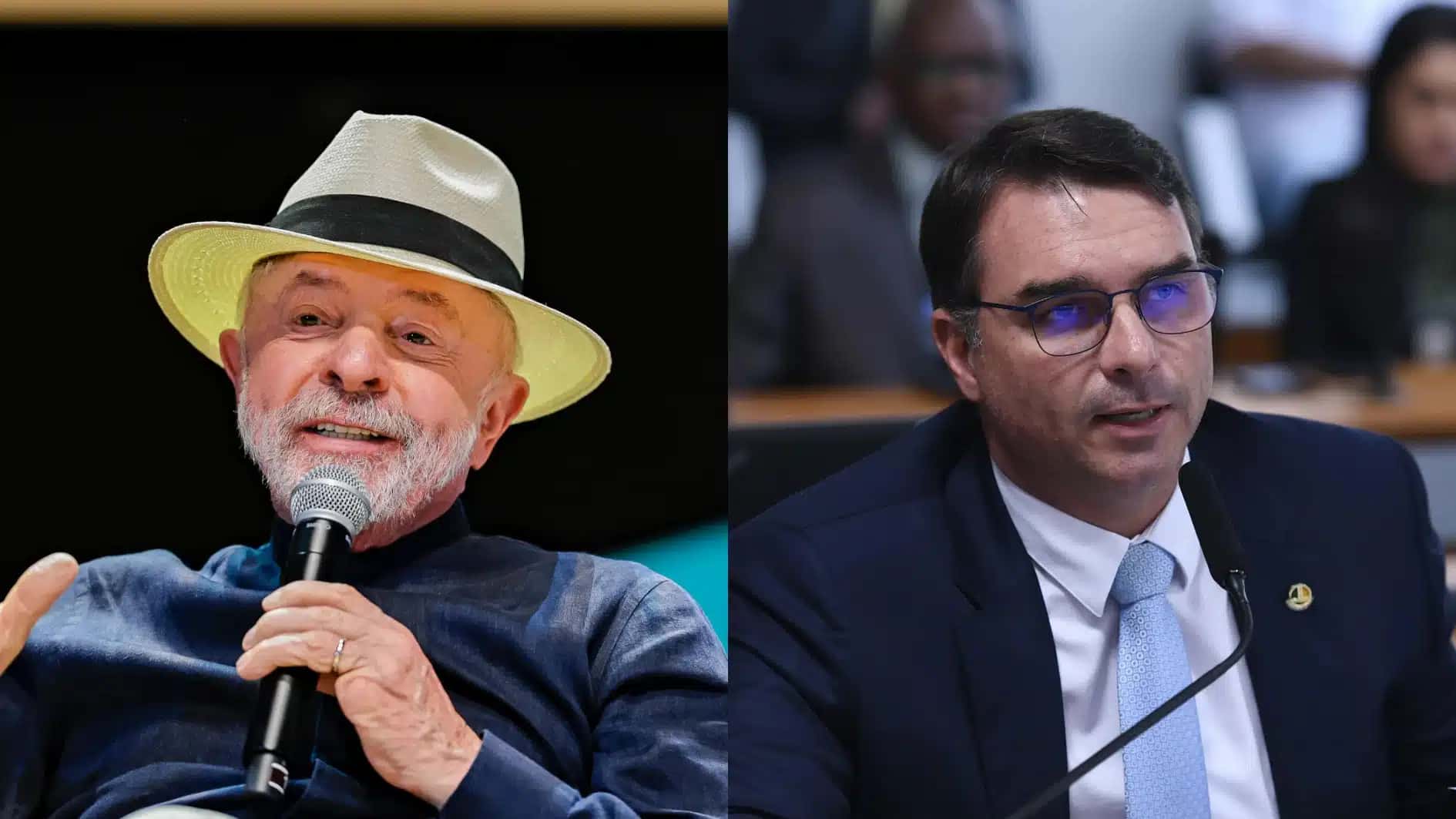 Presidente Luiz Inácio Lula da Silva (PT), à esquerda; o senador Flávio Bolsonaro (PL), à direita