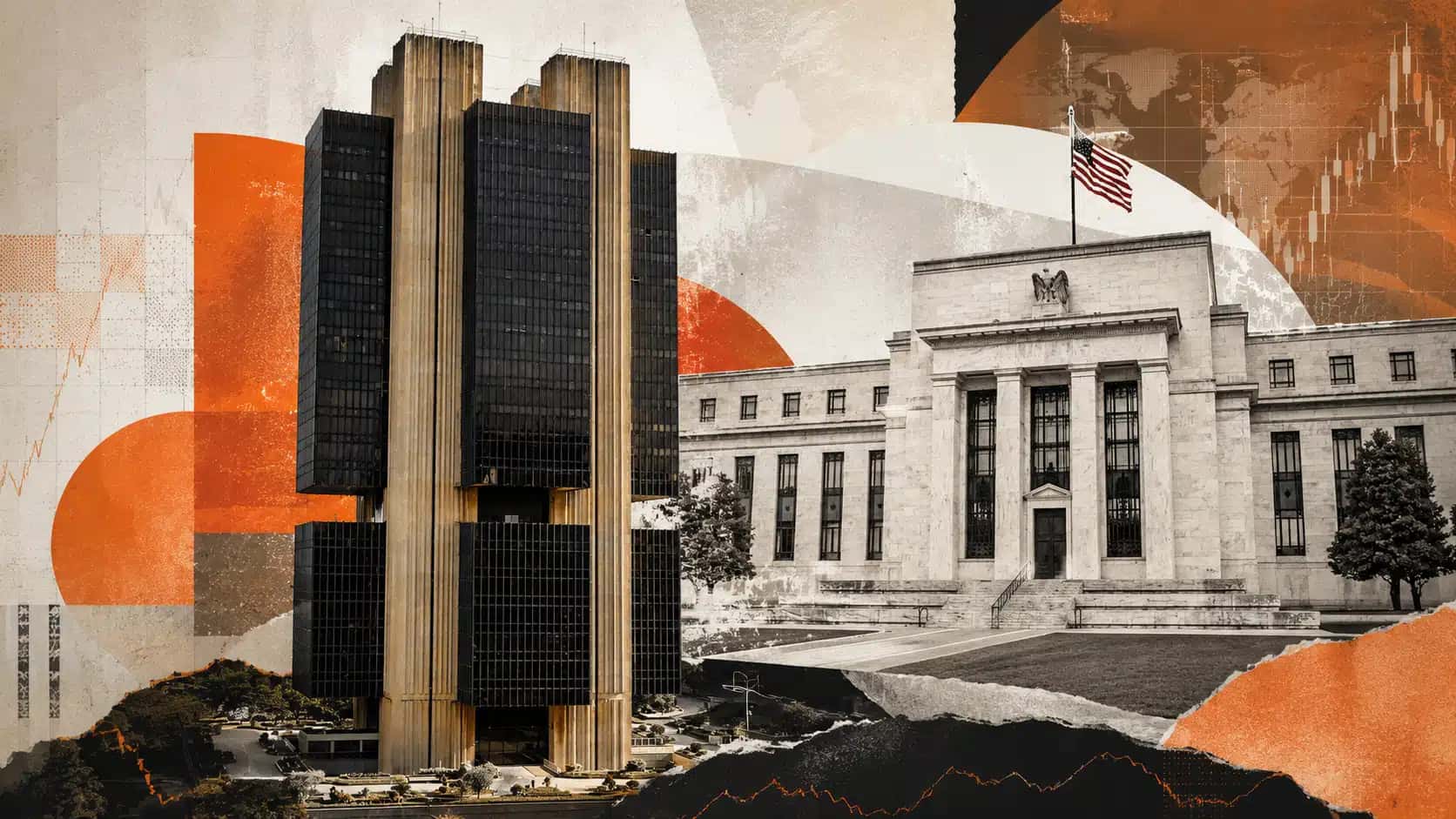 Imagem gerada por IA do Banco Central, em Brasília, e o Federal Reserve