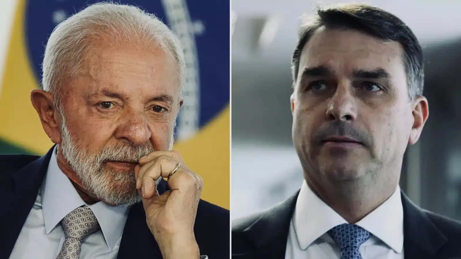 O presidente Luiz Inácio Lula da Silva à esquerda e o senador Flávio Bolsonaro à direita