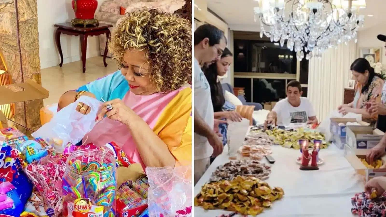 Alcione e Zeca preparam saquinhos de doces de Cosme e Damião