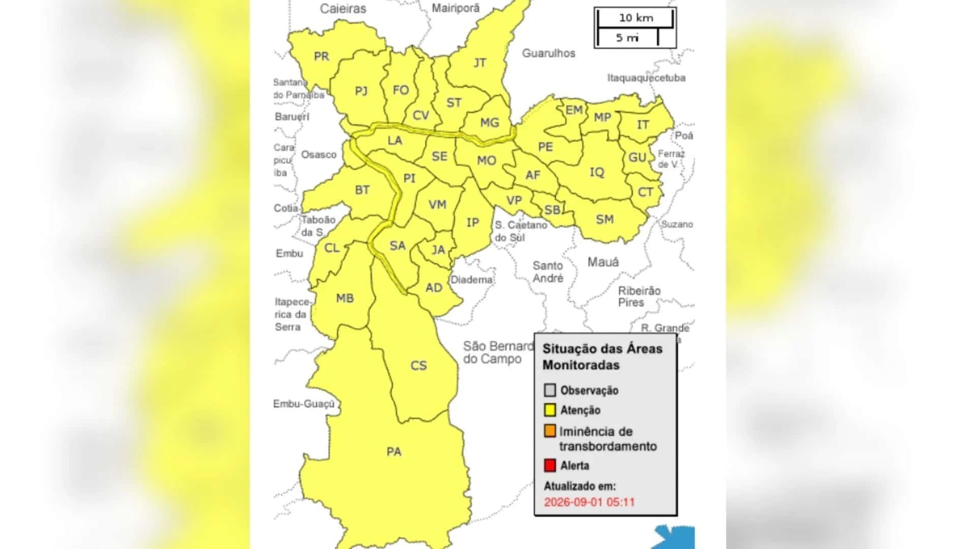 Capital paulista amanhece com pancadas isoladas de chuva e em estado de atenção para alagamentos