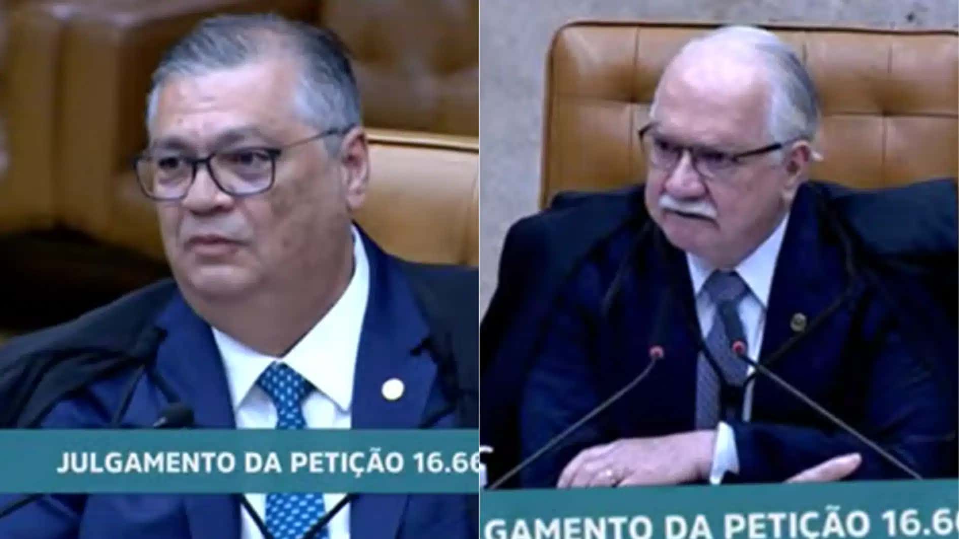 Ministros Flávio Dino e Edson Fachin, presidente do STF, em sessão na Corte sobre caso Moraes