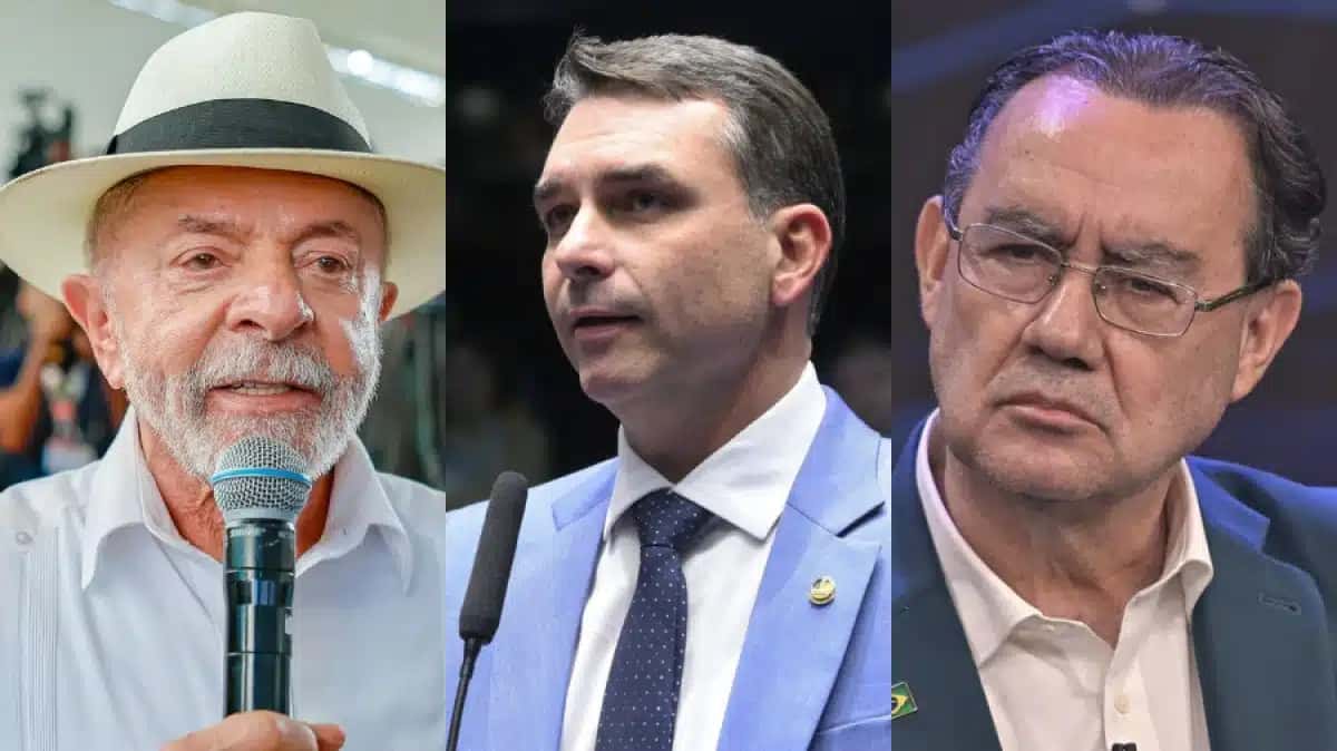 Da esquerda para a direita, Luiz Inácio Lula da Silva (PT), Flávio Bolsonaro (PL) e Augusto Cury (Avante)