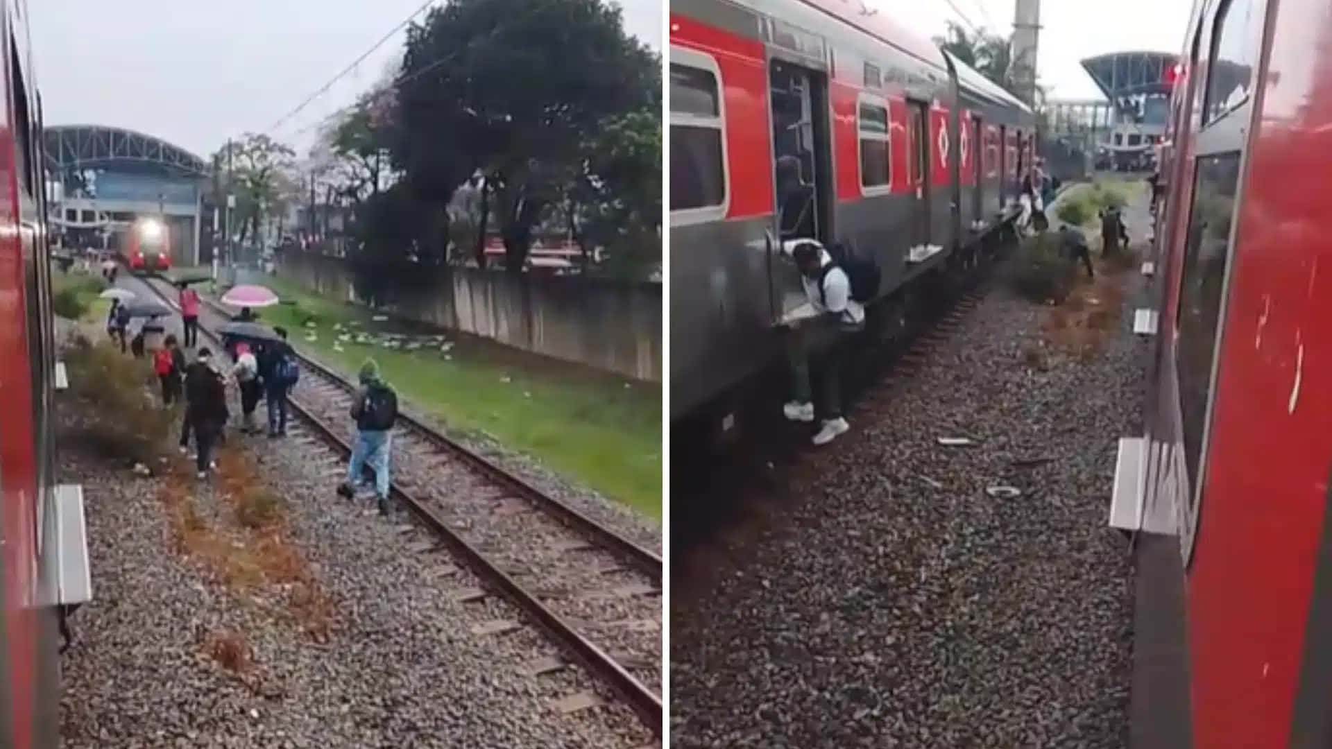 Vídeos mostram o momento em que os ocupantes dos trens descem do veículo e caminham próximos e por cima das vias férreas onde passam os coletivos