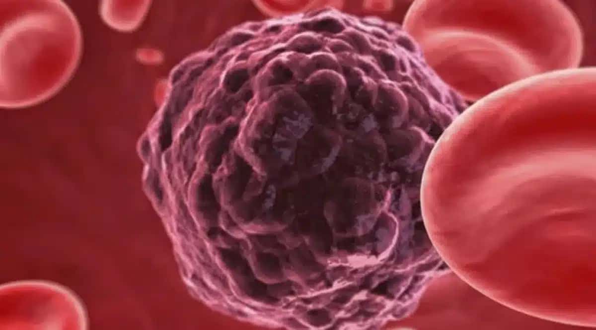 Ilustração de célula cancerígena na corrente sanguínea
