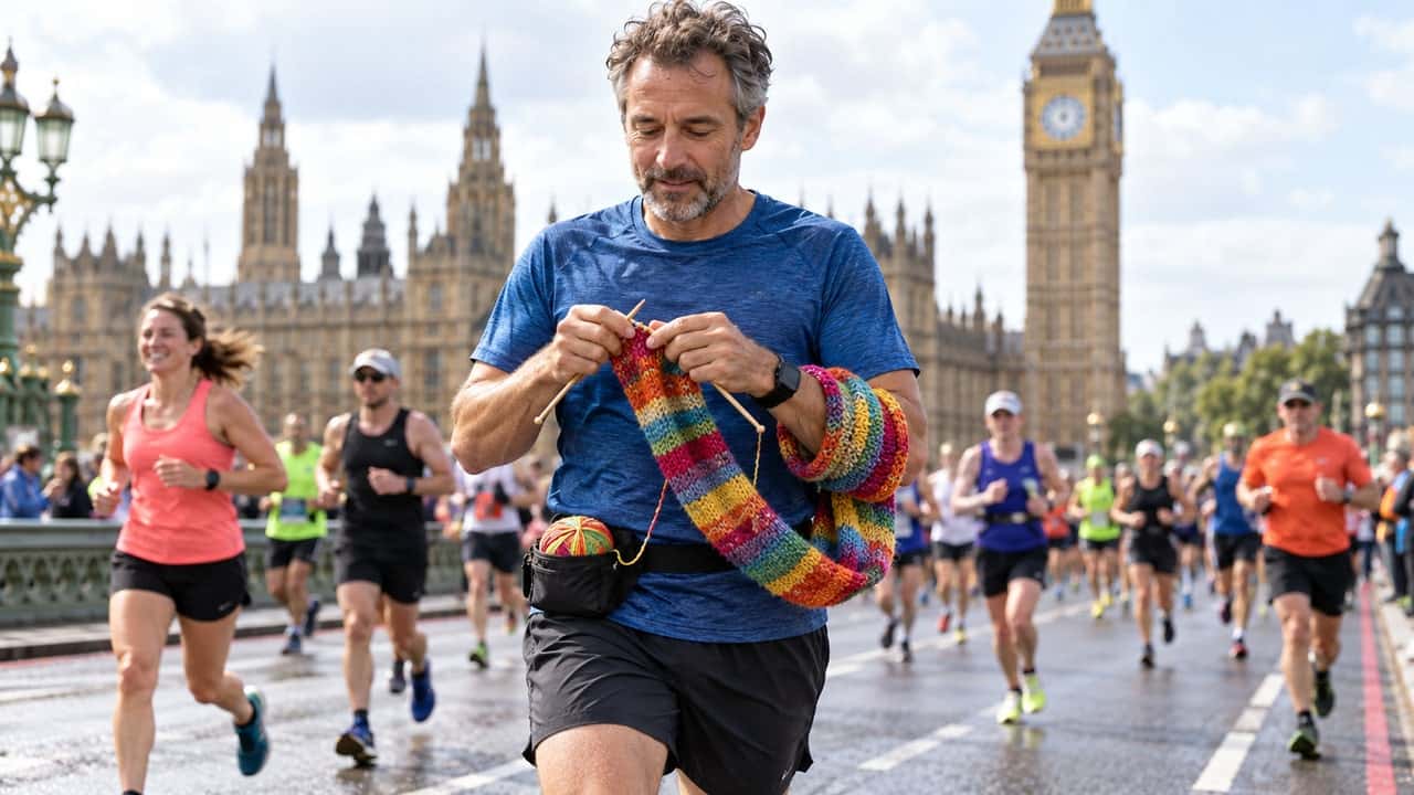 Ex-militar britânico tricotou um cachecol enquanto participava da Maratona de Londres | Foto: Reprodução/Catraca Livre