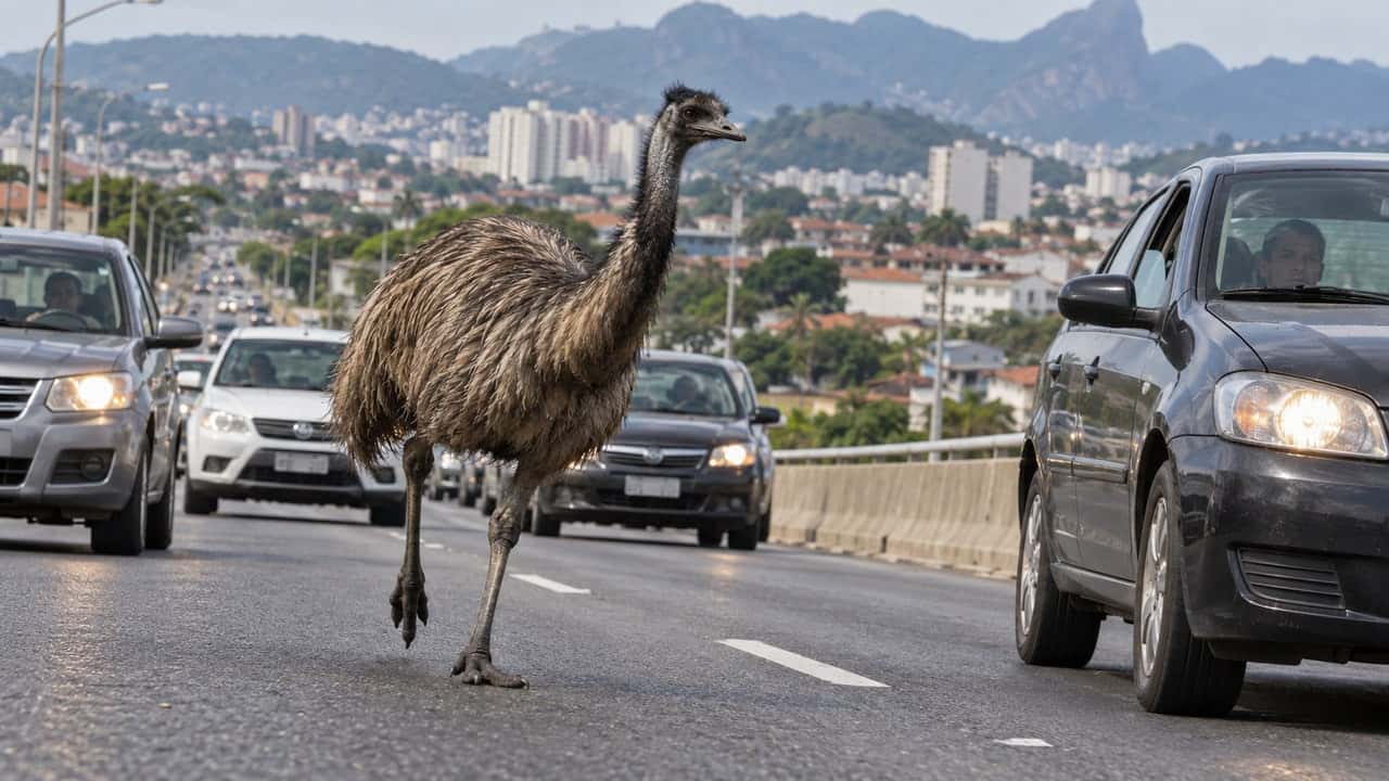Um emu surpreendeu motoristas ao correr entre veículos no Rio de Janeiro | Foto: Reprodução/Catraca Livre