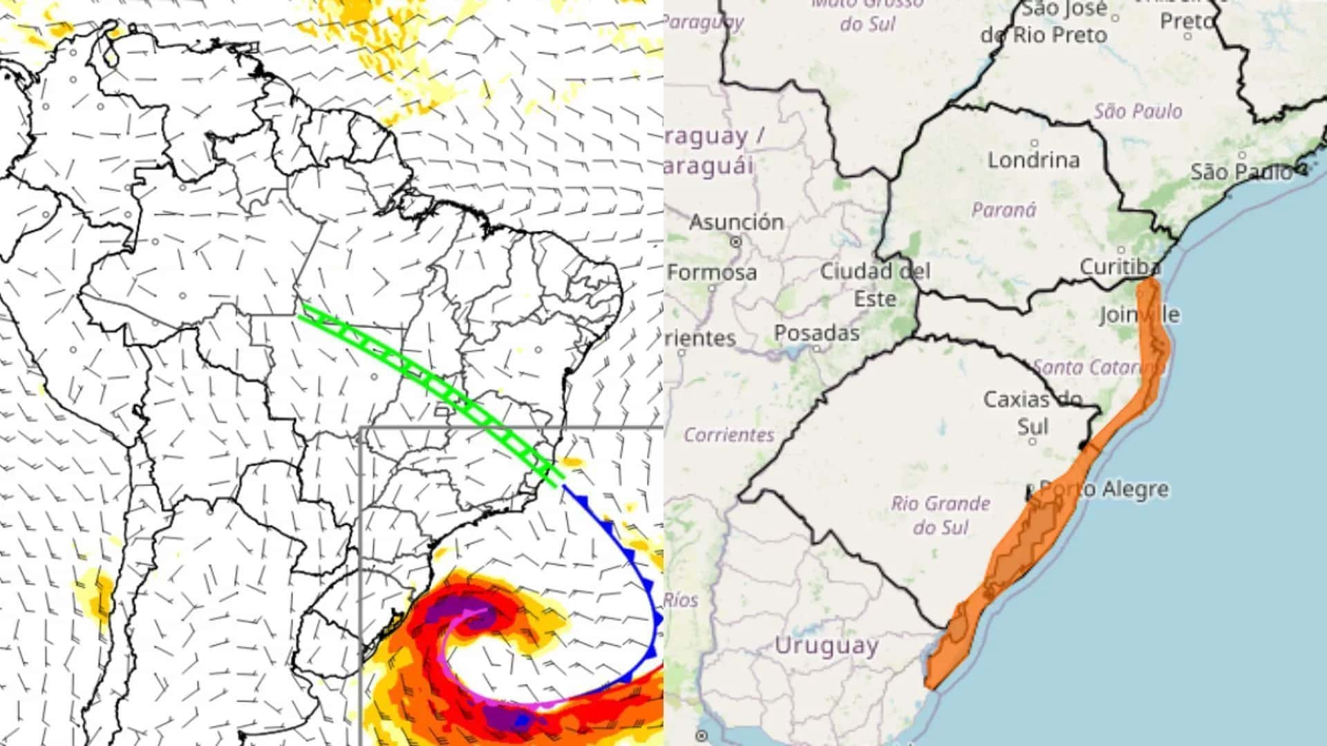 O Instituto Nacional de Meteorologia (Inmet) divulgou, nesta sexta-feira (16), que a região Sul do Brasil deve enfrentar um ciclone extratropical neste fim de semana. Além disso, o órgão ainda emitiu um alerta laranja de perigo para “Ventos Costeiros” para os estados do Rio Grande do Sul e Santa Catarina, que se estende por todo o sábado (17)