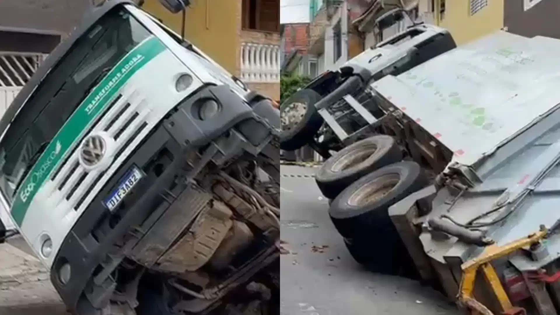 Um caminhão de coleta de lixo caiu em uma cratera na Rua João Gutierrez Lopes, no bairro Novo Osasco, em Osasco, na região metropolitana de São Paulo, após o asfalto ceder neste sábado (17).
