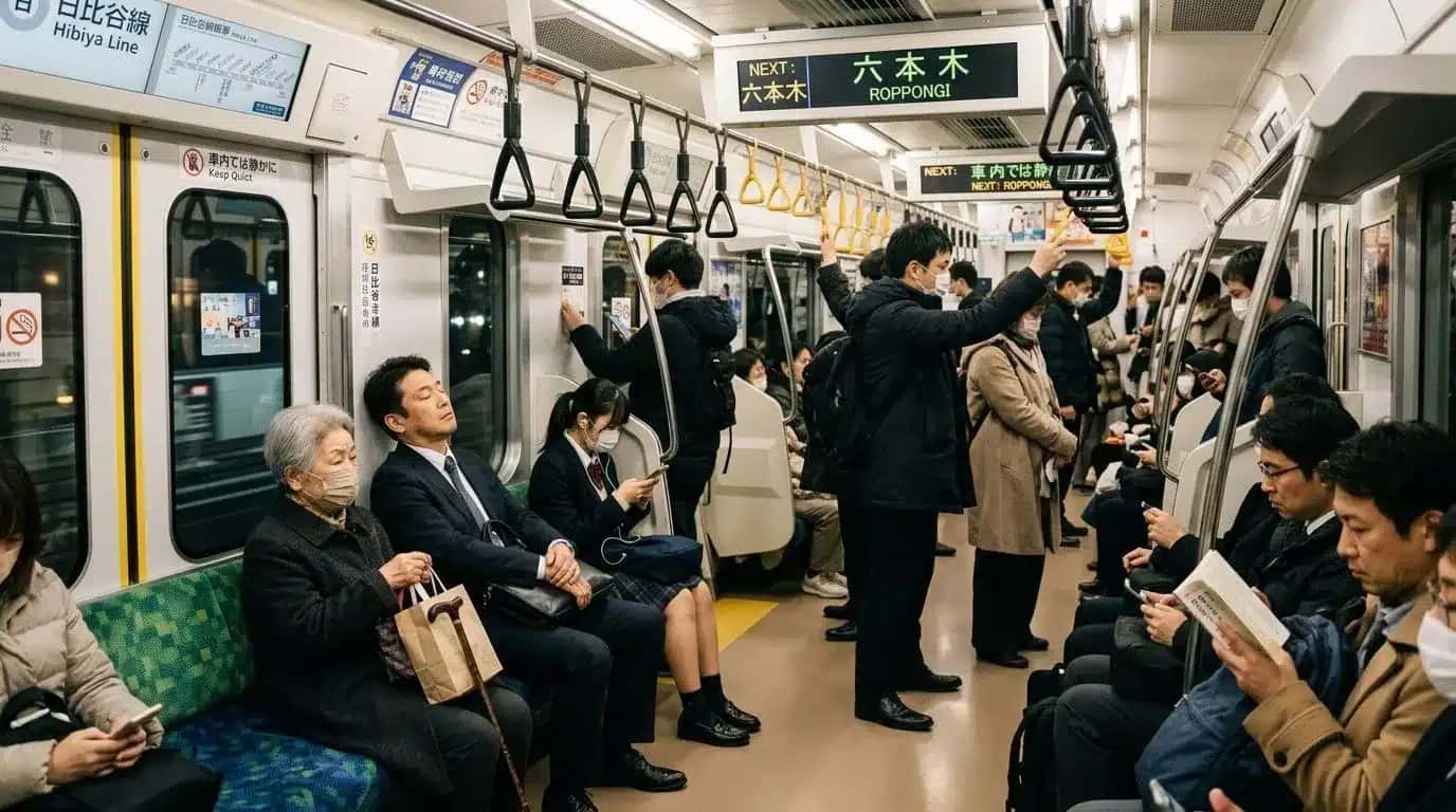 Respeito e silêncio em movimento: no metrô de Tóquio, o ambiente tranquilo e o uso discreto do celular refletem a rígida etiqueta de convivência no transporte público japonês.