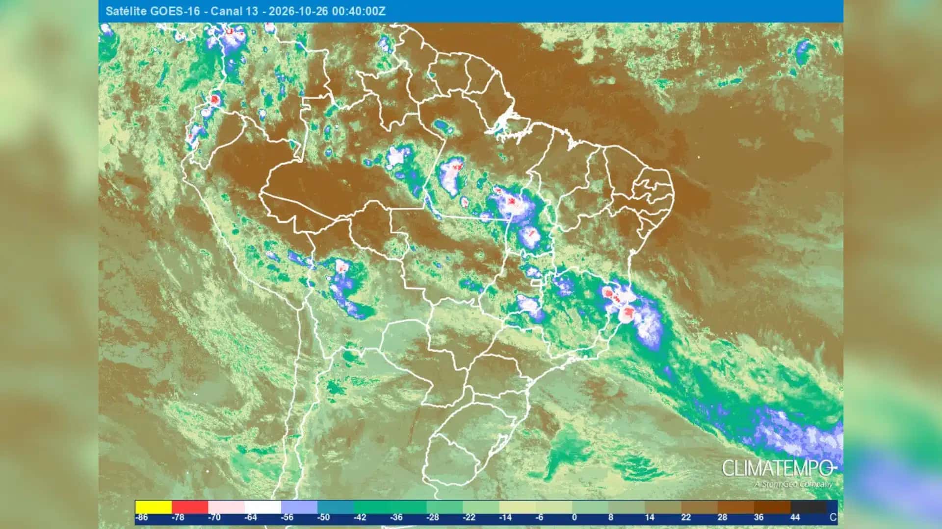 Mapa mostra frente fria se deslocando para a Bahia.
