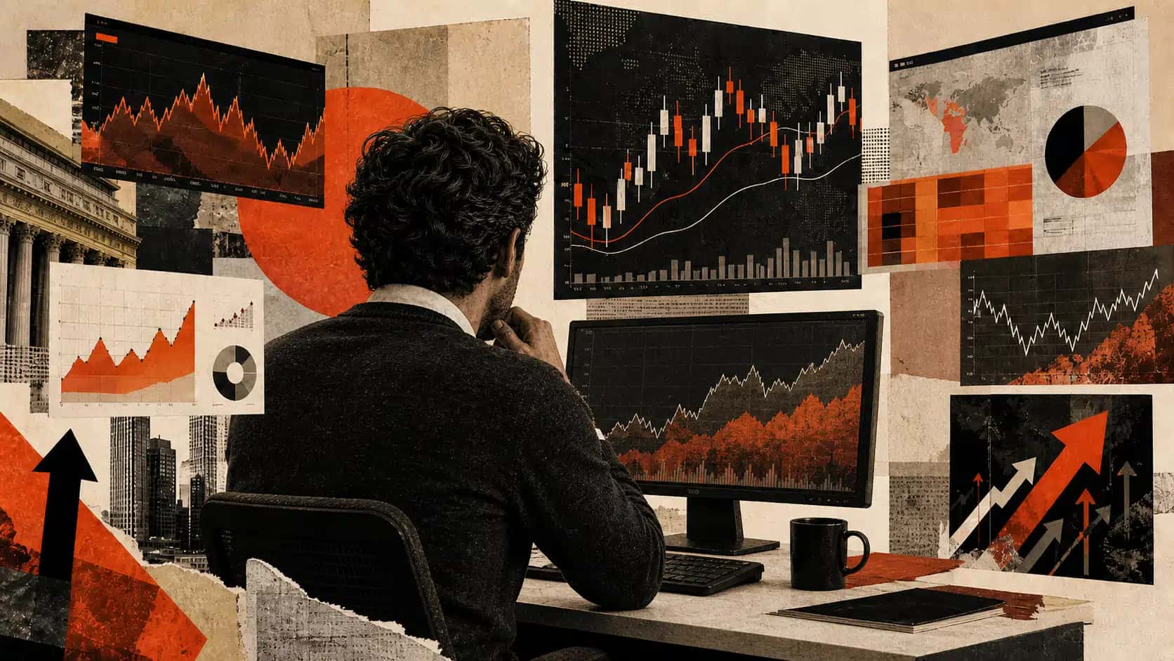 Investidor olhando para telas com gráficos.