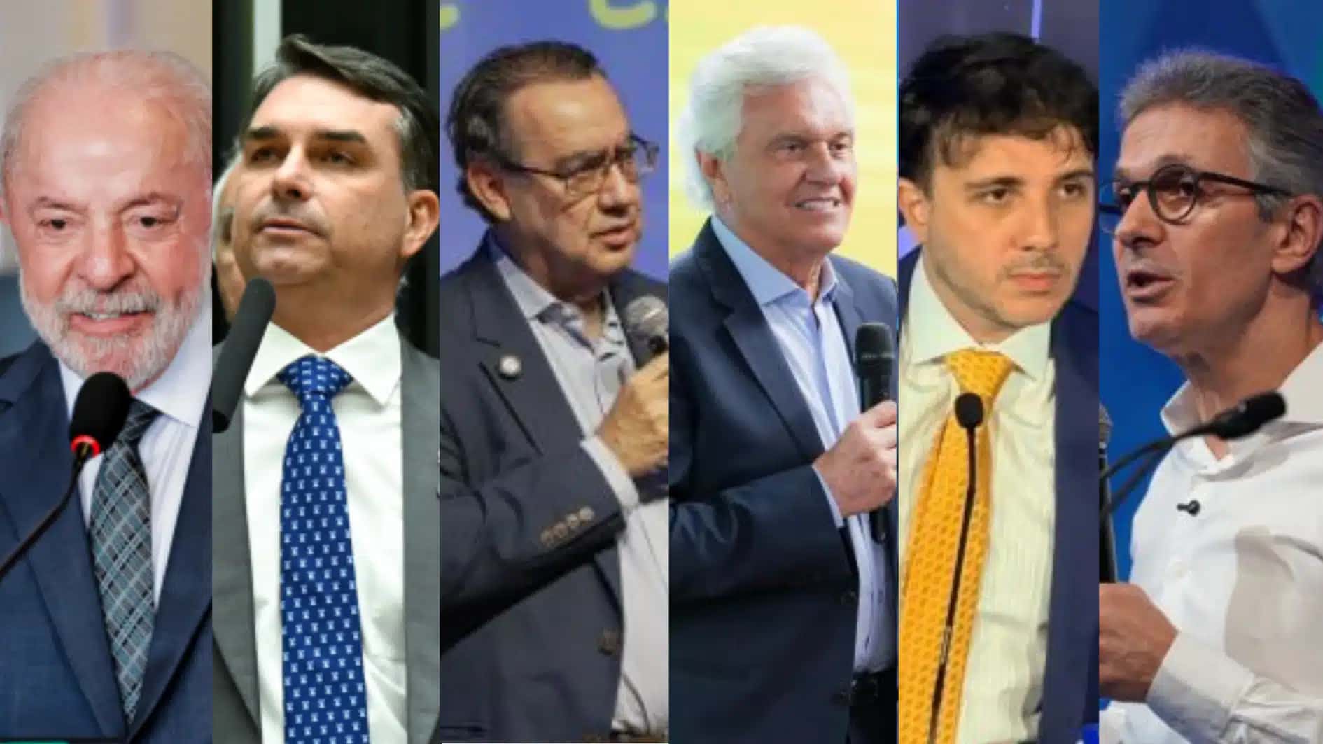 Os candidatos à Presidência, da esquerda para a direita: Lula, Flávio Bolsonaro, Augusto Cury, Ronaldo Caiado e Romeu Zema, são os candidatos mais rejeitados segundo a pesquisa Futura desta quinta-feira (10)