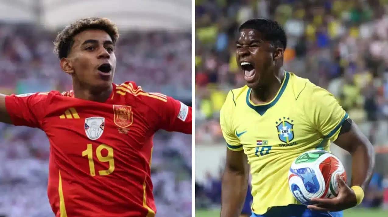 Yamal e Endrick, jogadores de Barcelona e Real Madrid, respectivamente.
