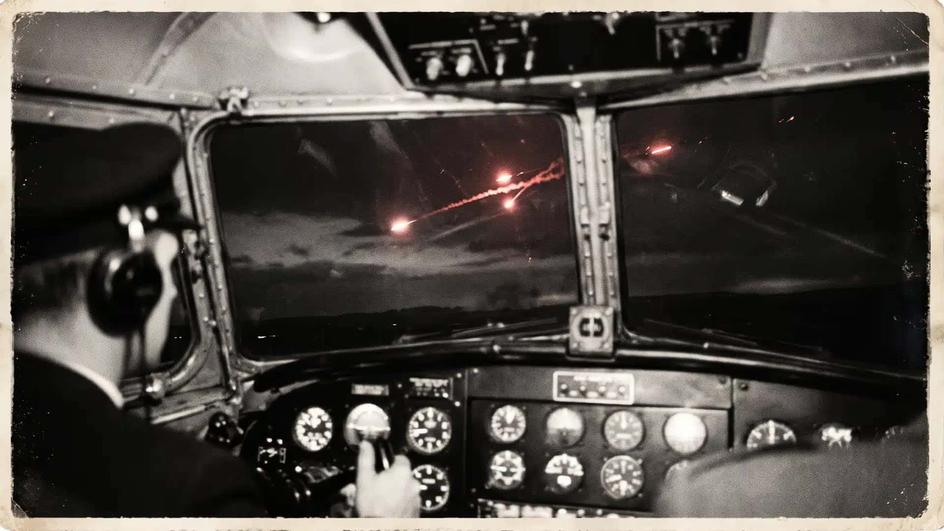 Imagem ilustrativa feita por inteligência artificial dos relatos de pilotos sobre o avistamento de luzes vermelhas desconhecidas no céu em 1953.