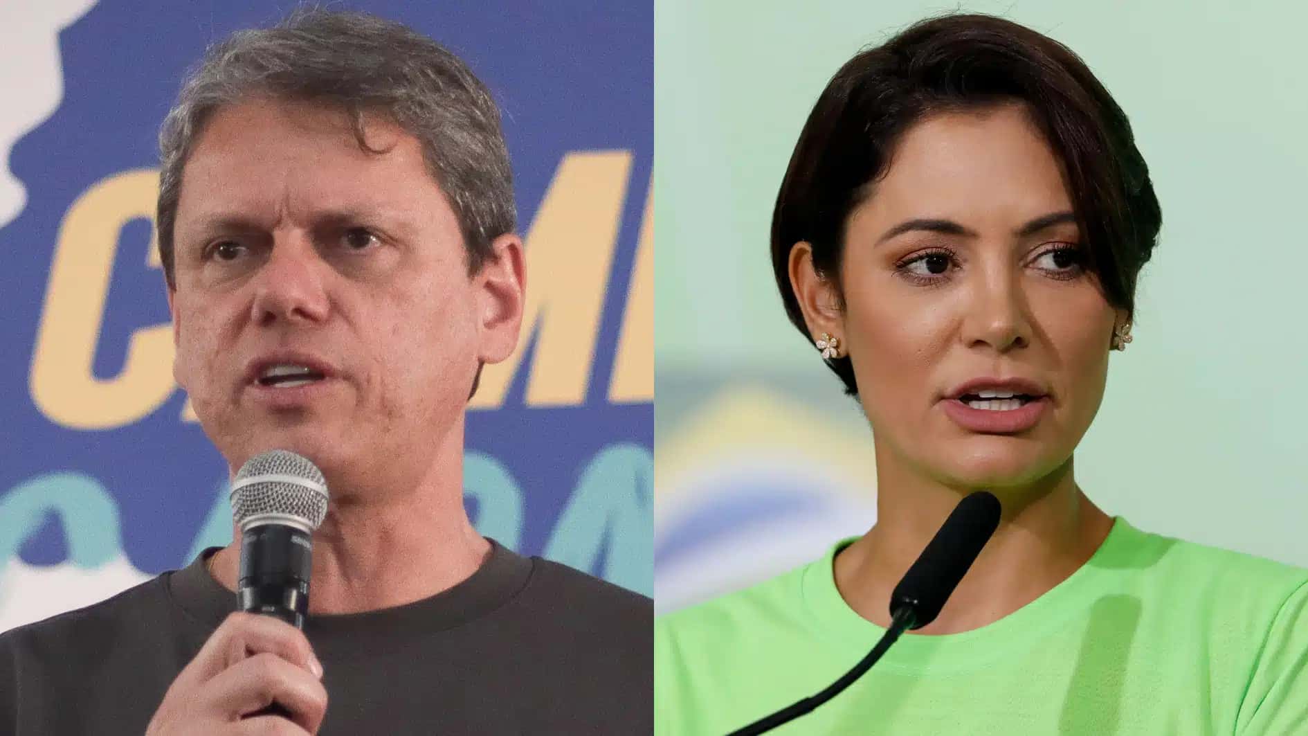 O governador de São Paulo, Tarcísio de Freitas (à esquerda), e a ex-primeira-dama, Michelle Bolsonaro (à direita)